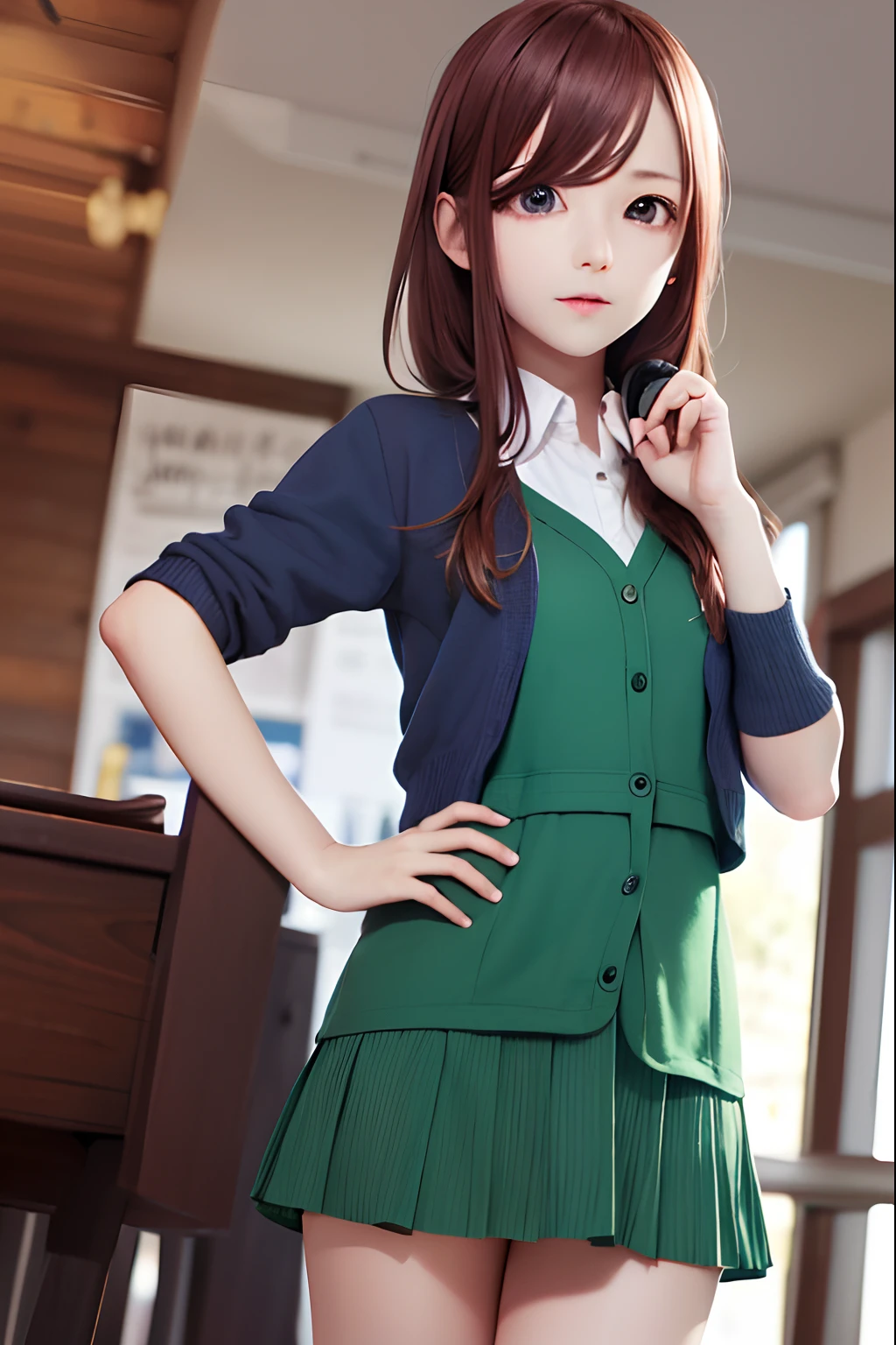 miku nakano, long hair, bangs, blue eyes, brown hair, shirt, hair between eyes, headphones, cardigan, headphones around neck,
BREAK skirt, shirt, long sleeves, white shirt, pantyhose, pleated skirt, black pantyhose, cardigan, green skirt, blue cardigan,
BREAK indoors, classroom,
BREAK looking at viewer, BREAK (masterpiece:1.2), best quality, high resolution, unity 8k wallpaper, (illustration:0.8), (beautiful detailed eyes:1.6), extremely detailed face, perfect lighting, extremely detailed CG, (perfect hands, perfect anatomy),