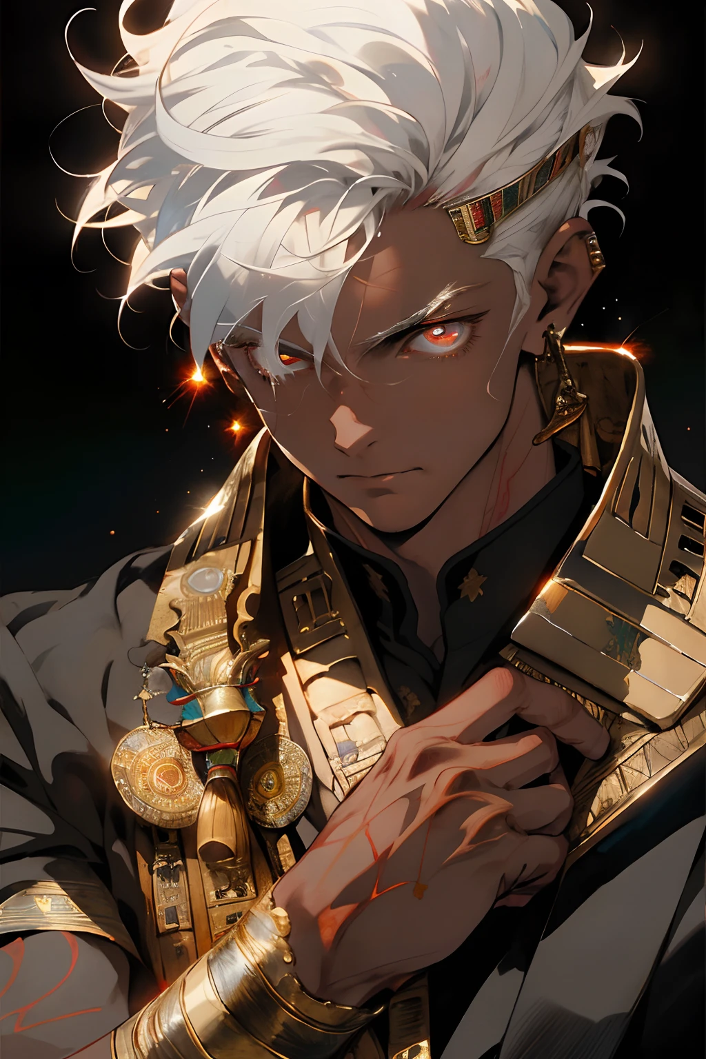 Realistic, (masterpiece, top quality, best quality, official art,), very detailed, most detailed, (1boy:1.3), gods, white hair, (glowing red eyes), mysterious, (magic), handsome men, ((Egyptian style)), headdresses, gold ornaments, bandages, pharaohs