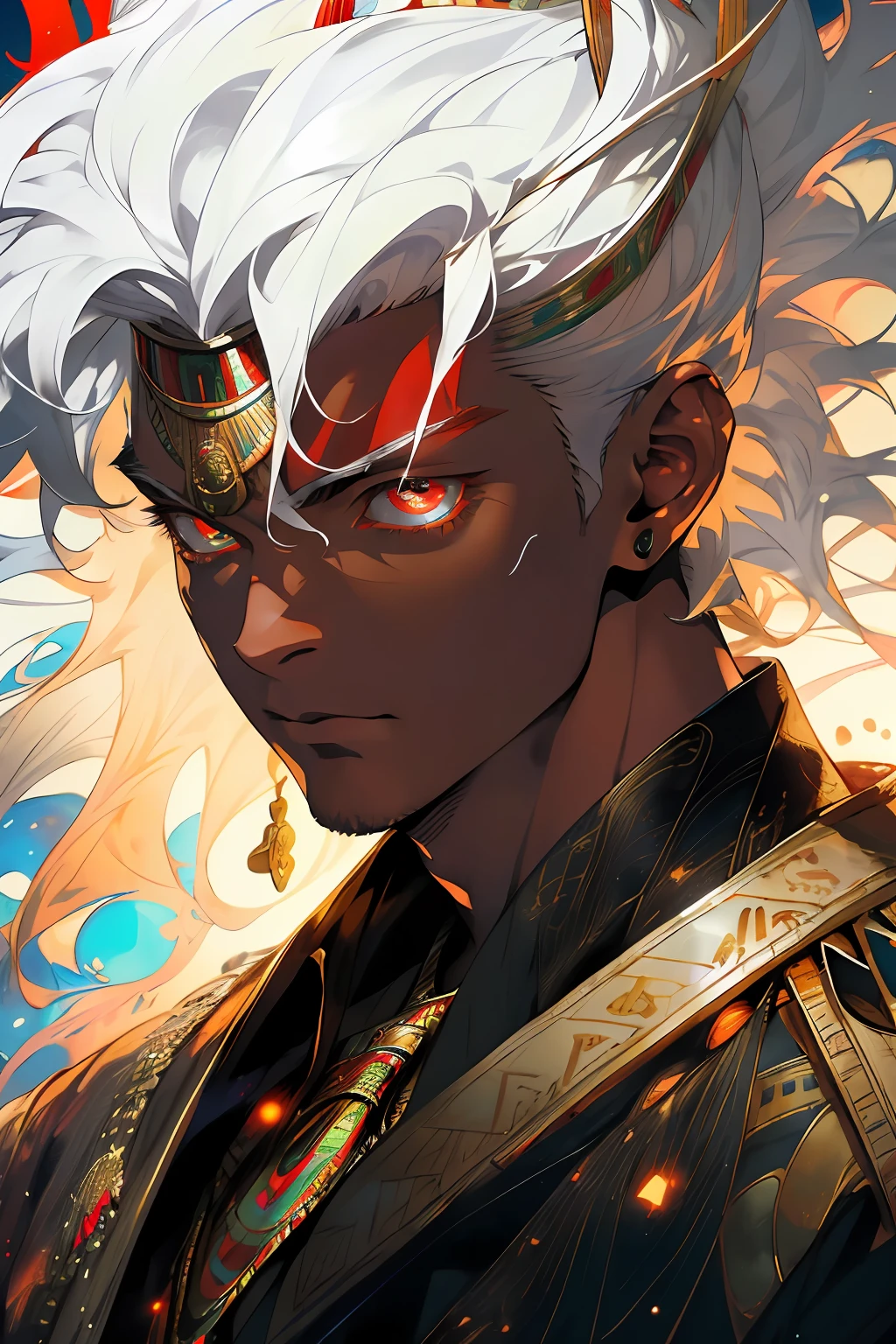 Realistic, (masterpiece, top quality, best quality, official art,), very detailed, most detailed, (1boy:1.3), gods, white hair, (glowing red eyes), mysterious, (magic), handsome men, ((Egyptian style)), headdresses, gold ornaments, bandages, pharaohs