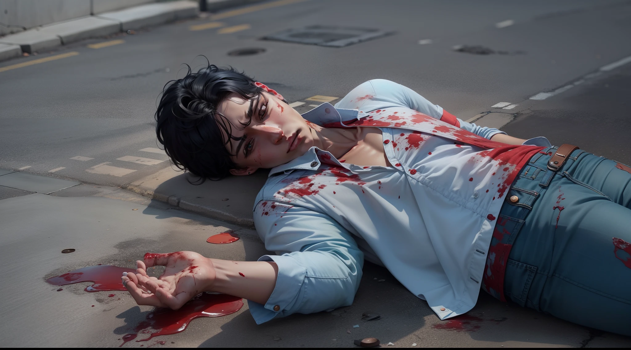 realistic image, in 8k, of a dead man with short black hair, dressed in a light blue button-up blouse, jeans, lying on a sidewalk, dead and covered in blood