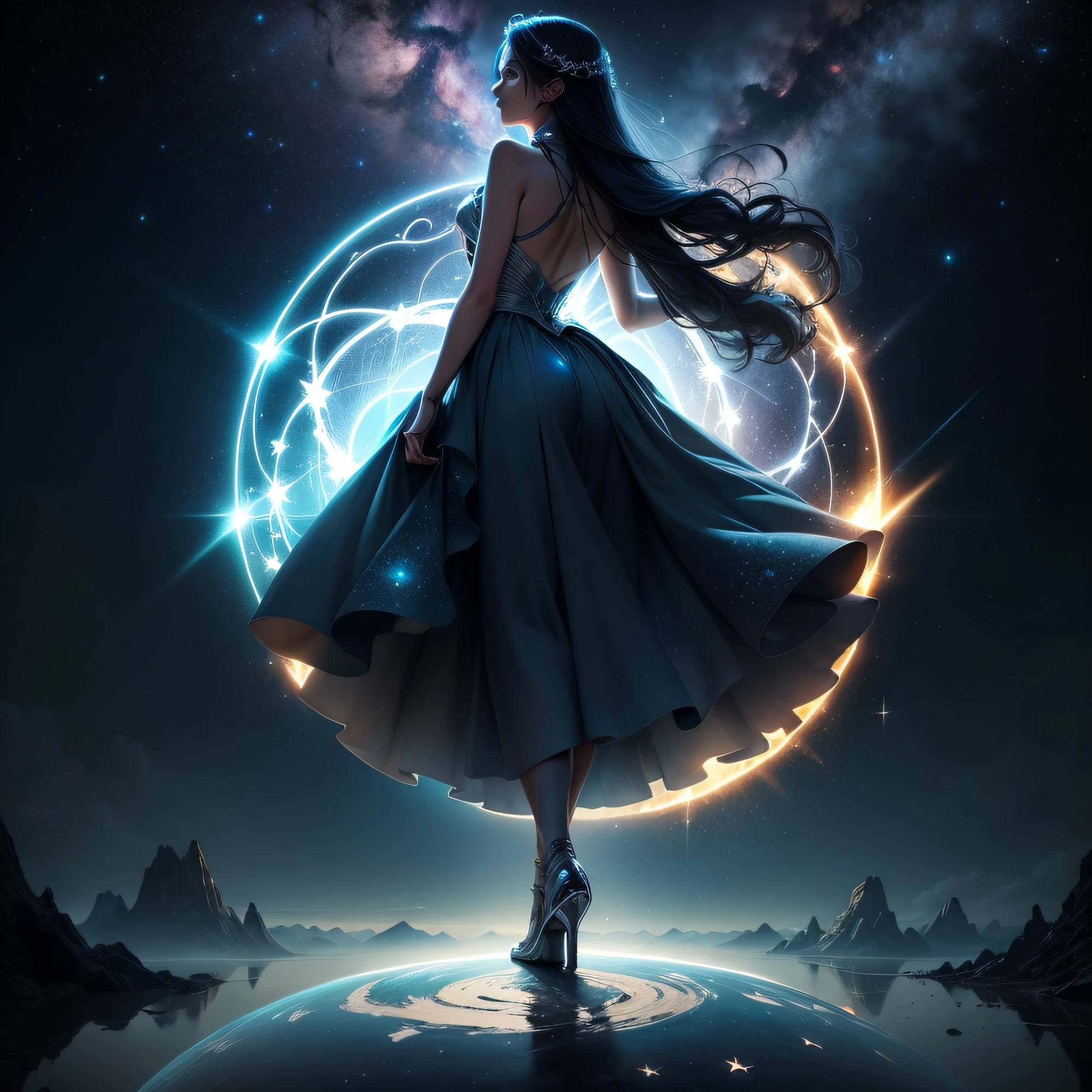 "Please create an image that represents the essence of a rebellious star that fell to Earth in search of redemption. Imagine a nocturnal and magical scene. In the center of the image, a bright and luminous star, surrounded by deep blue and shimmering silver tones, hovers in the starry sky. Its gentle light contrasts with the surrounding darkness, creating a mysterious and captivating atmosphere. The star is surrounded by delicate and radiant lines reminiscent of constellations. These lines extend gently across the sky, connecting to other stars as if weaving a celestial path. On the horizon, the Earth stretches out, depicted with its natural wonders: majestic mountains, lush forests, and serene oceans. The star is descending, its light diminishing as it approaches the Earth's surface. The scene captures the emotional moment of the rebellious star embracing its destiny and plunging into the Earth to find redemption. The color palette, including shades of blue, silver, and soft touches of green and gold, highlights the duality between the sky and the earth, the journey of transformation, and the search for forgiveness and renewal. The image conveys a sense of hope and magic, inviting viewers to reflect on second chances and the beauty of new beginnings."