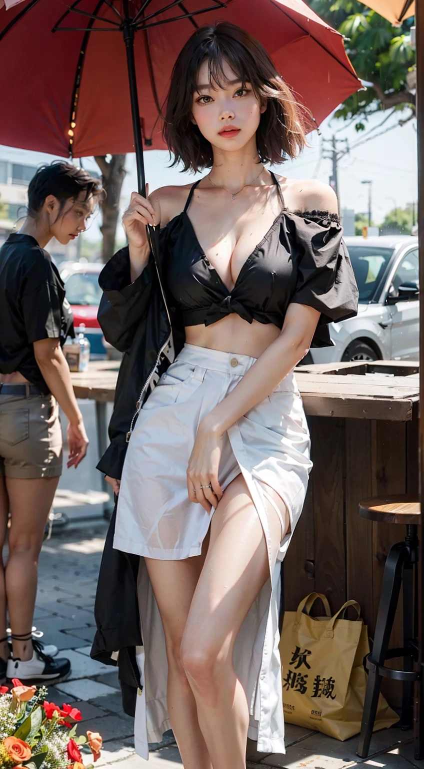 NSFW, 8K Raw photograph, best qualtiy, tmasterpiece, 超高分辨率, filmgrain, cinematic ligh, 1girll, Drunken expression, expression,Natural skin texture, Realistic Eyes and Face Details, full pouty lips, lipsticks, (putting makeup on), Red eyeshadow, Short fluffy hair, messy hair, ssmile, Keep one's mouth shut, raining day,beautifullegs, Tall women, Slim_Legs, 独奏, Superskirt, hindquarters, The shirt, Beautiful natural location, Location of flowers around, (detailedbackground), (leisure wear:1.2), white shirt, huge ,Thin waist and thick hips,long leges, Show a little through the shirt, (No underwear),Loafer shoes, vague background, (No umbrellas),bblurry, halter, short- sleeved, brown hair, bangle,very heavy rain🌧, By bangs,jewely,parted lip, cparted lips, pleatedskirt, depth of fields ,(wetclothes:1.4), Real rain, Wet hair,..