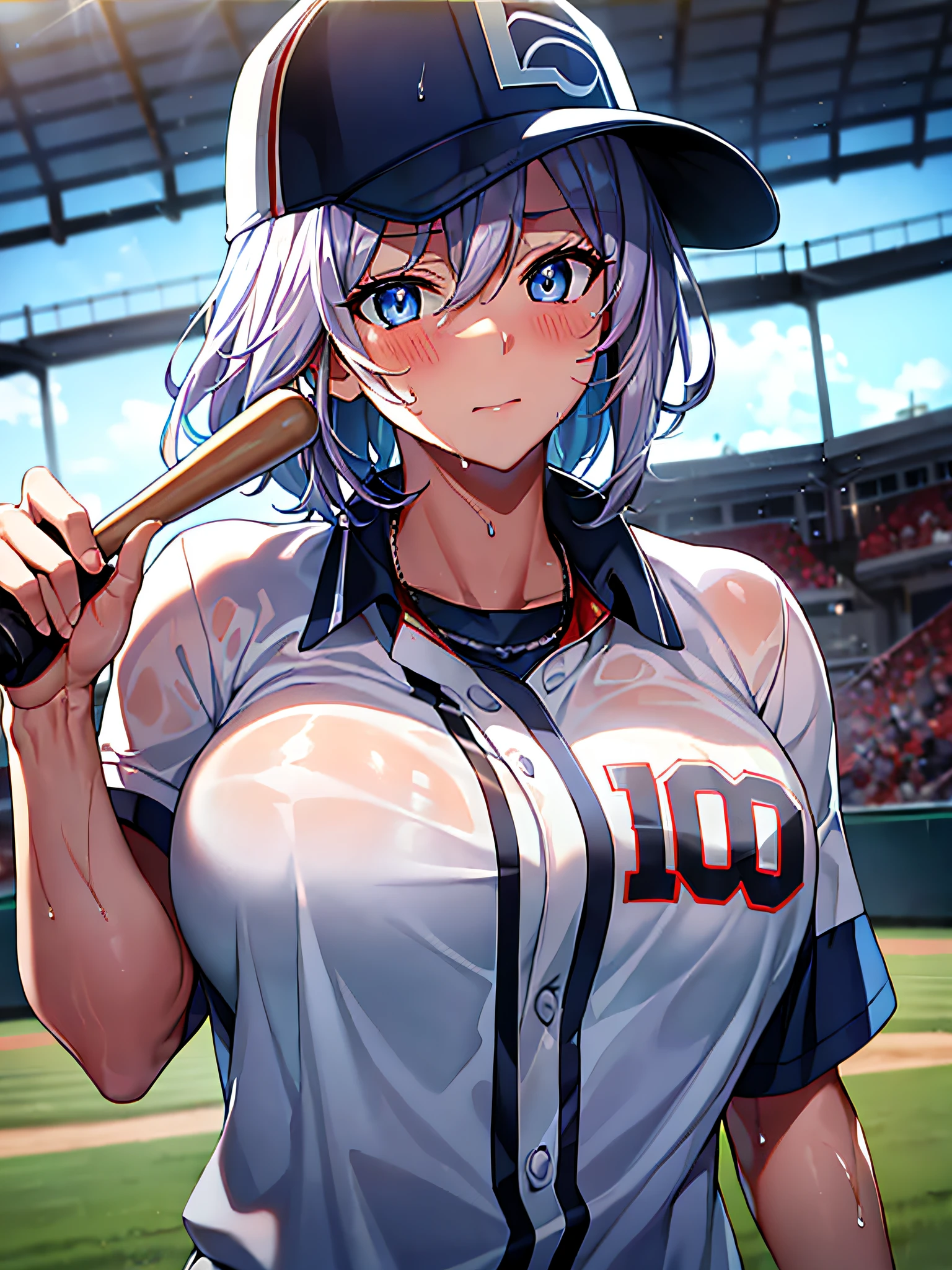 ​masterpiece++、top-quality++、ultra-definition++、ultra-definition++、4k++、8k++、（Background Focus）++、Highly detailed,（（baseball field））++、（1人）、（（（evangerion　Asuka）））+++、（（baseball player））、（（（baseball uniform）））+++、（（Baseball in right hand））++、((Mature woman playing baseball))++、（Baseball hat）、（Baseball glove in left hand）、with blush cheeks、（Wristband on wrist）、（white  hair）、（Super shiny hair and skin）、（sunlights）、((Beautiful))、Sweaty body、cleavage of the breast、Lively、sweating、serious facial expression、 Perfect eyes, perfect hand、Perfect nose、evangerion　Rei Ayanami、Bright atmosphere、(wet effect)+、(light effect)、(Cinematic lights)+、(Cinematic of lights)+