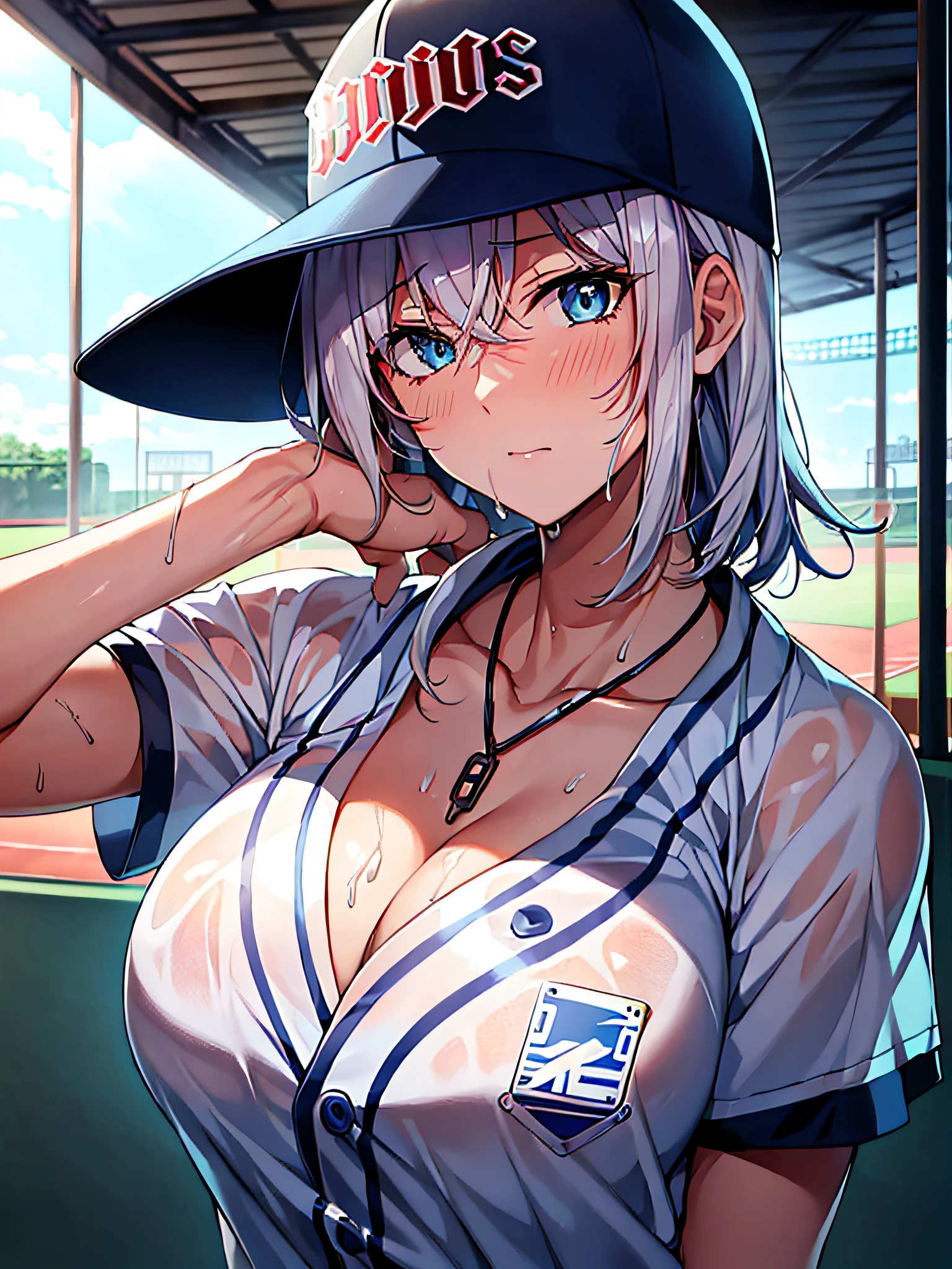 ​masterpiece++、top-quality++、ultra-definition++、ultra-definition++、4k++、8k++、（Background Focus）++、Highly detailed,（（baseball field））++、（1人）、（（（evangerion　Asuka）））+++、（（baseball player））、（（（baseball uniform）））+++、（（Baseball in right hand））++、((Mature woman playing baseball))++、（Baseball hat）、（Baseball glove in left hand）、with blush cheeks、（Wristband on wrist）、（white  hair）、（Super shiny hair and skin）、（sunlights）、((Beautiful))、Sweaty body、cleavage of the breast、Lively、sweating、serious facial expression、 Perfect eyes, perfect hand、Perfect nose、evangerion　Rei Ayanami、Bright atmosphere、(wet effect)+、(light effect)、(Cinematic lights)+、(Cinematic of lights)+