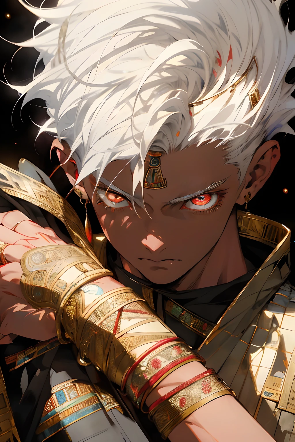 Realistic, (masterpiece, top quality, best quality, official art,), very detailed, most detailed, (1boy:1.3), gods, white hair, (glowing red eyes), mysterious, (magic), handsome men, ((Egyptian style)), headdresses, gold ornaments, bandages, pharaohs, cosmic background