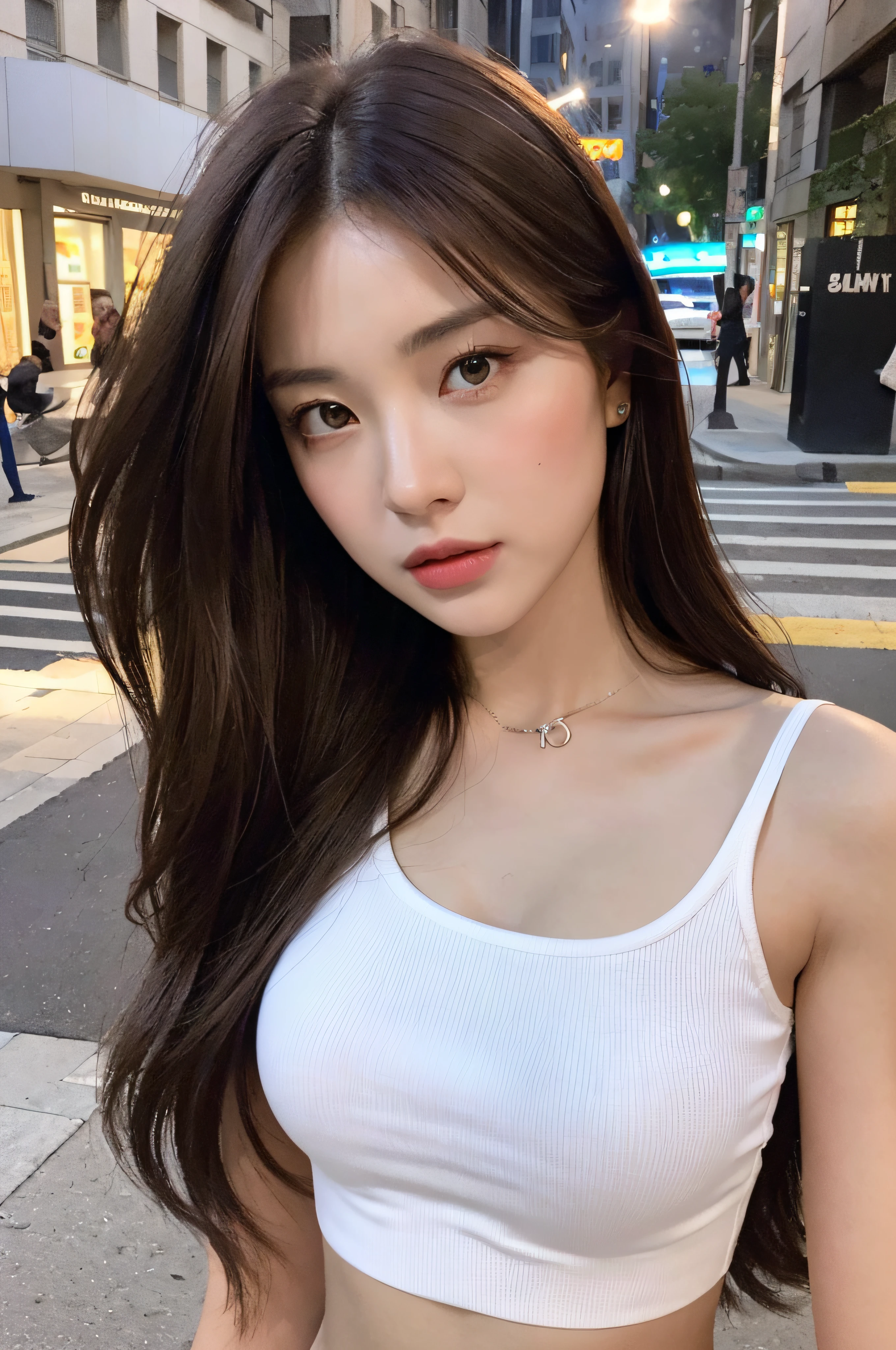 ((Realistic lighting, Best quality, 8K, Masterpiece: 1.3)), Clear focus: 1.2, 1girl, Perfect Figure: 1.4, Slim Abs: 1.1, ((Dark brown hair)), (White crop top: 1.4), (Outdoor, Night: 1.1), City streets, Super fine face, Fine eyes, Double eyelids,