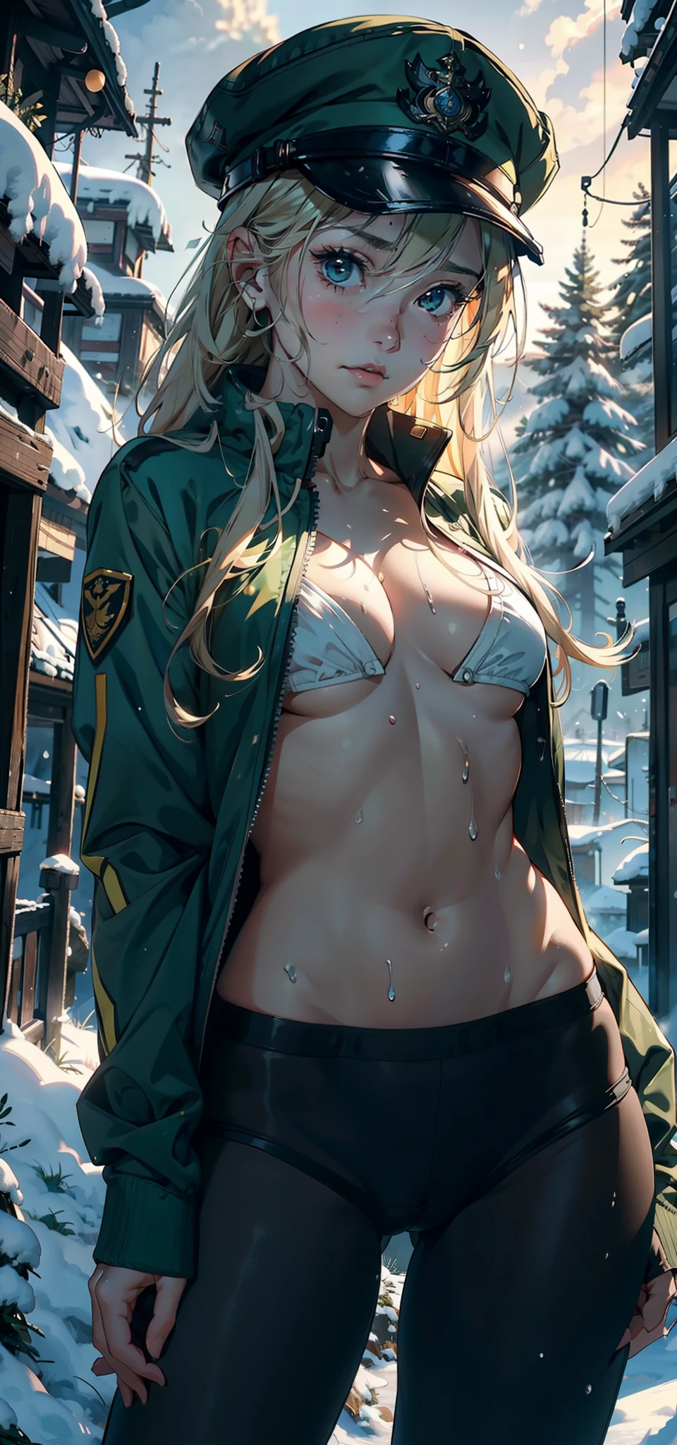 1female,,teenrl,smallunderboob,Pornograexposure, 独奏,(Background with:hilltop,coniferous forest,in the winter,Snow on the ground,exteriors) Feel free to hairstyle,Stride,Sweat profusely,drenched all over the body,seen from the front,Root long yellow hair , mostly cloudy sky,(((tmasterpiece),(Very detailed CG unity 8K wallpaper),best qualtiy,cinmatic lighting,detailed back ground,beatiful detailed eyes,Bright pupils,(Very fine and beautiful),(Beautiful and detailed eye description),ultra - detailed,tmasterpiece,)),face to the viewer,frontage,A high resolution,ultra - detailed)nakeness,Wipe off panties,reveaeasts,Bare genitalge,Camel toes,Raised sexy,Lewdon,Flushed complex,Openthed,frontage,military hat,(Wearing:green colored bomber jacket,Black pantyhose)