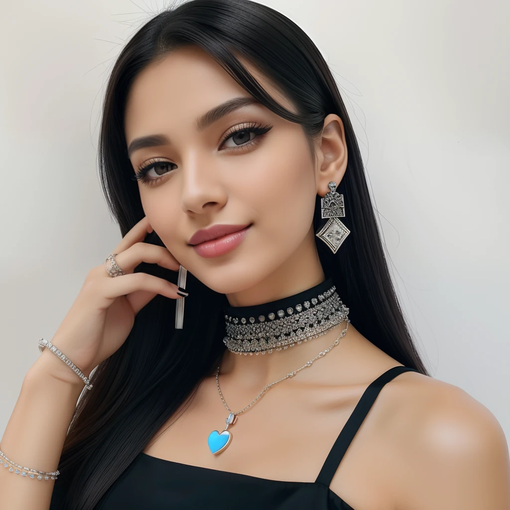 masterpiece,best quality,ultra-detailed,8K,detailed light,detailed shadow,RAW, (detailed skin),(realistic:1.2),
1girl,face,
pilyeon, black nails, jewelry, Long hair, looking at viewer, choker, necklace,piercing, white background, heart, closed mouth, grey eyes, nail polish, simple background, black hair, ear piercing, black choker, smile, eyelashes, lips, hand on own cheek, bangs, bracelet, beads, gem, earrings, fingernails