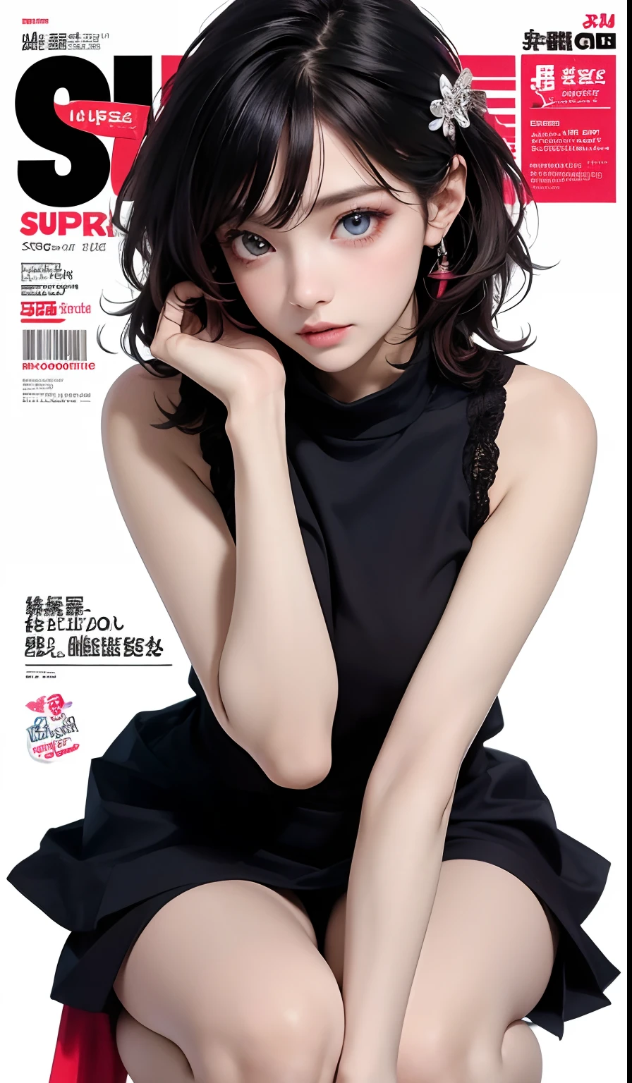 Best quality, Works of masters, A high resolution, 1girll, Super beautiful face, super beautiful eye, Super beautiful hair,Trendy outfits,MagazineCover,Sexy and charming,Color explosion,Black color hair,Large hairpins,full bodyesbian,Squatted,鎖骨,
