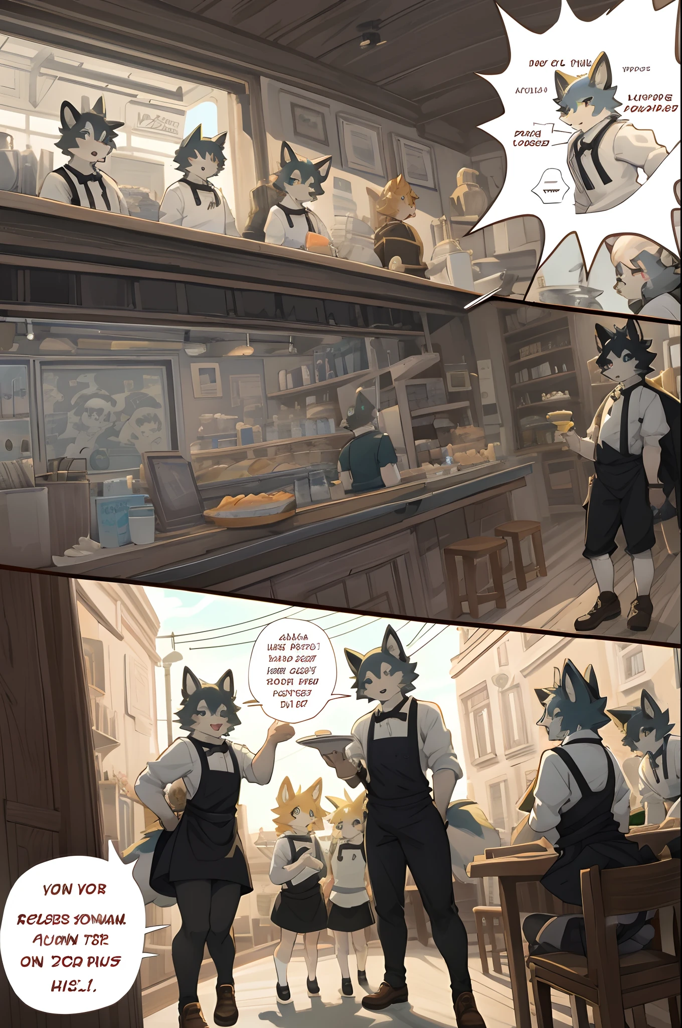 top quality, best quality, highres, masterpiece, super high resolution, detailed background, Casual reutaurant interior, part-time job, waiter, 6+boys, 6+girls, absurdres(highly detailed beautiful face and eyes)perfect anatomy, good lighting, cinematic shadow(kemono, furry anthro)assorted expressions, assorted poses, assorted angles, full body, upper shot, dynamic angle(girls comic-like panel layouts, speech balloon, English text, Hand-drawn sound effects stickers used in girls comic),
