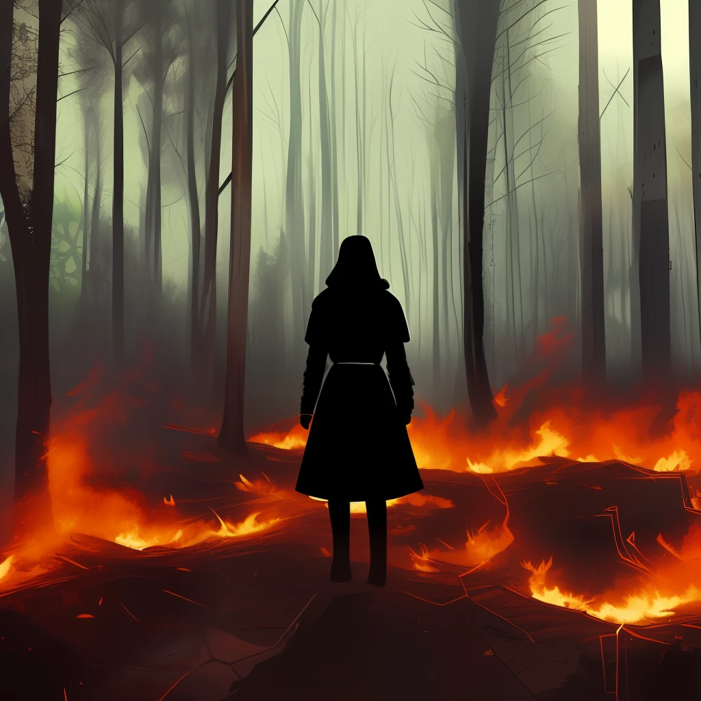 Create an image of a brave warrior who faces a scarlet dragon in the middle of a forest fire. Vestindo uma blusa rosa e com cabelos cacheados, She's standing in front of a wooden fence, With open arms, como se desafiasse o monstro ou clamasse por socorro. The dragon is a colossal beast, covered in steel-hard scales, com asas poderosas como ventania, horns pointed like spears and teeth sharp like razors. Ele solta fogo pela boca, which mingles with the flames that devour the trees and shrubs. The scene has a dramatic and fantastic atmosphere, as if it were taken from an adventure book or movie.