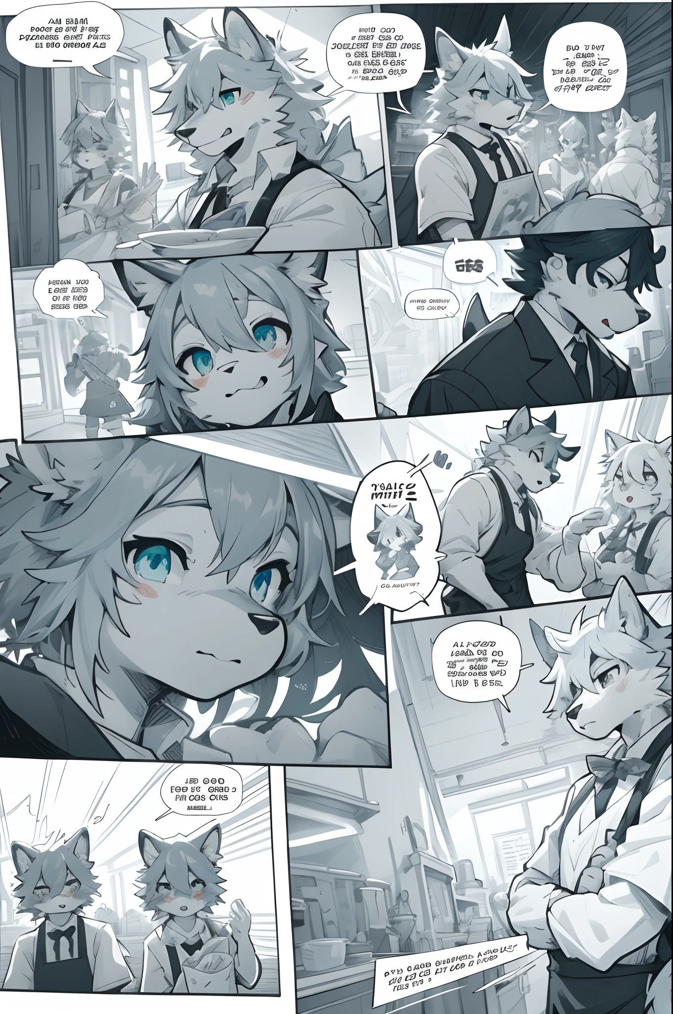 top quality, best quality, highres, masterpiece, super high resolution, detailed background, Casual reutaurant interior, part-time job, waiter, 6+boys, 6+girls, absurdres(highly detailed beautiful face and eyes)perfect anatomy, good lighting, cinematic shadow(kemono, furry anthro)assorted expressions, assorted poses, assorted angles, full body, upper shot, dynamic angle(girls comic-like panel layouts, speech balloon, English text, Hand-drawn sound effects stickers used in girls comic),
