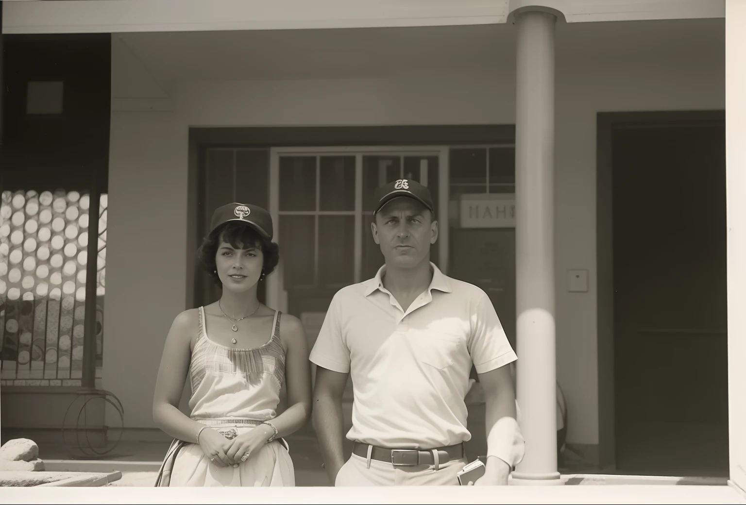 There are two people outside a building with a hat, Mom and Dad, photo from 1960, location unknown, taken in the early 1960s, 1961, 1 9 6 1, 1 9 6 4, 1964, 1960, 1 9 6 0, 1 9 6 2, colorful, hd, ultrarealistic