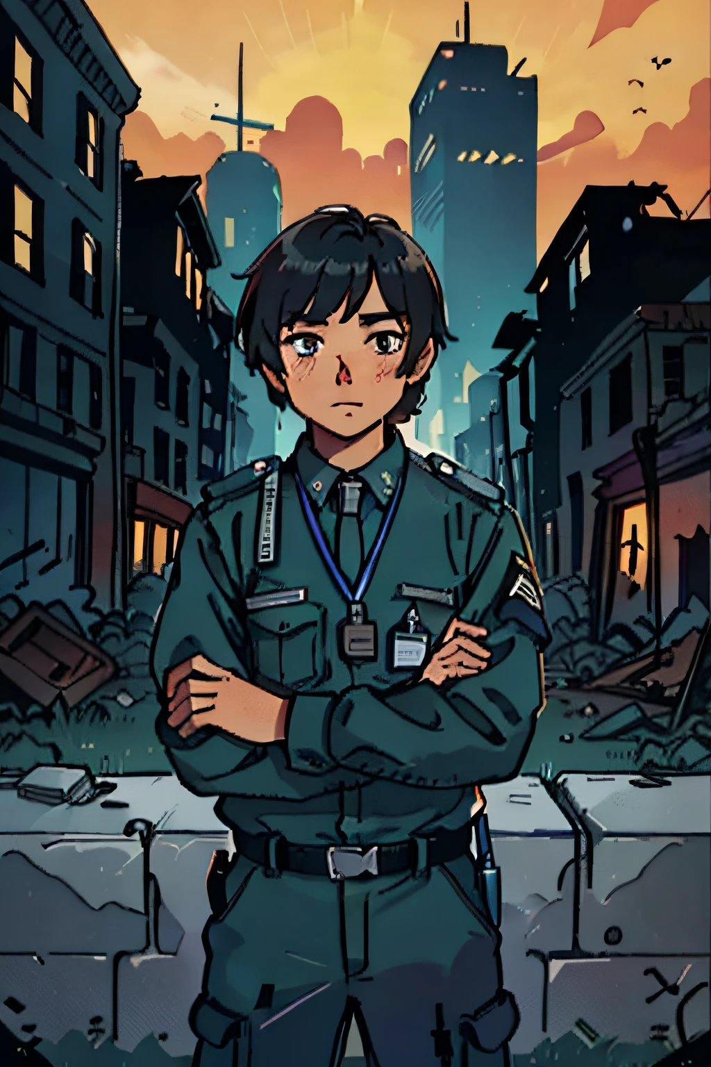 In the midst of ruins,A man in a security uniform