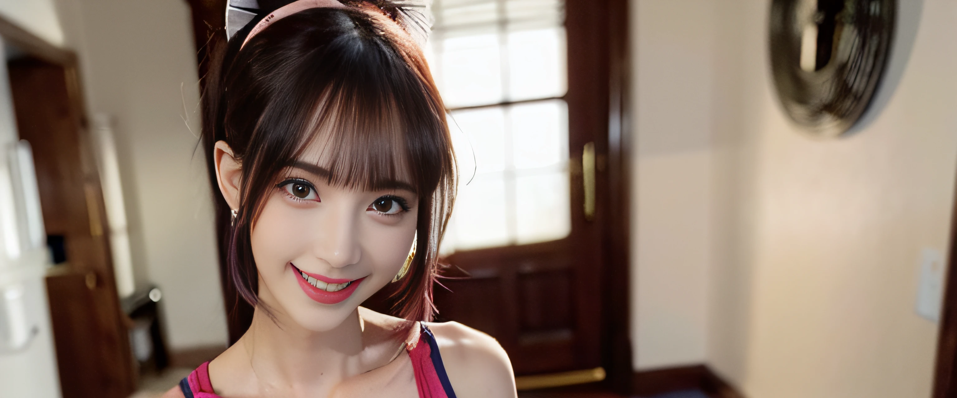 masterpiece, best_quality, ultra-detailed, anime_style, cute, 1_girl, (((swim_ware))), purple_eyes, purple_hair, ponytail_hair, bangs, side_parting, fair_skin, round_face, thin_eyebrows, small_nose, full_lips, light_pink_lipstick, blush, eyelashes, ear_piercings, silver_earrings, pink_clothes, smiling, head_tilted_slightly_to_the_right, ultra high definition, (photorealistic:1.4), high resolution, raw photo, sharp re, Nikon D850 film stock photo by Lee Jefferies 4 kodak portra 400 camera f1.6 lens rich colors hyper realistic lively textures dramatic lighting unreal engine artstation trends cinestir 800,