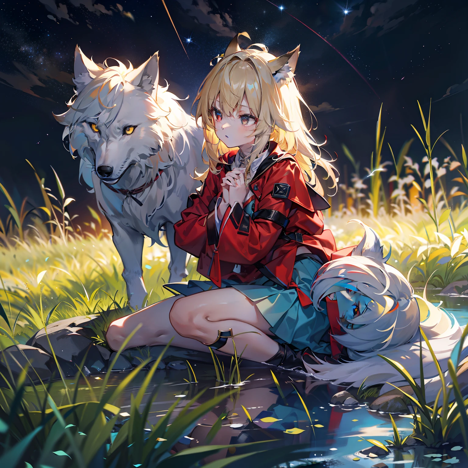 the night, Wolf ears yellow-haired girl,Look up at the stars, Light blue skirt, red color eyes, grassy fields, small stream, , with its hands clasped together in front of its chest, A river of stars, hyper HD, Award-Awarded, Chiaroscuro, Cinematic lighting, Glowing light, From below, Atmospheric perspective, Masterpiece, High details, Textured skin, 8K, Best quality,Bottom-up shot,Sense of distance。