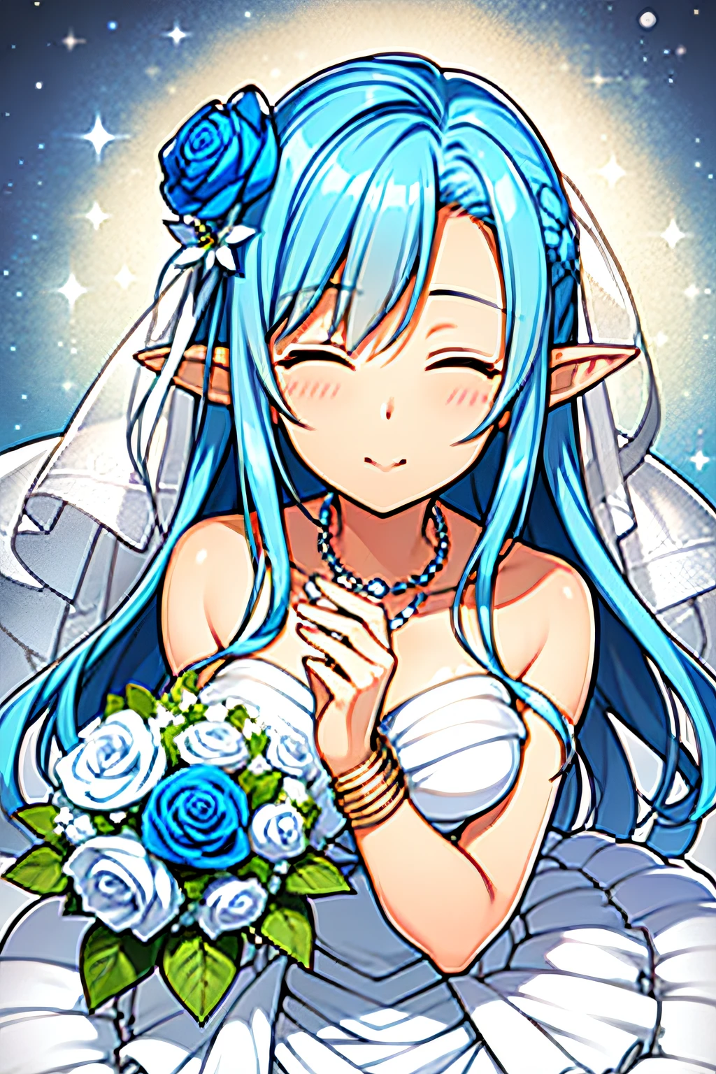 (((Best quality))), ((Ultra-detailed)), ((illustration)), ((Disheveled hair)), ((frilld)), (1 girl),(Solo),;)，
1girl，blue_flower，blue_rose，bouquet，closed_eyes，flower，grey_background，incoming_kiss，rose，solo，white_flower，white_rose，rating:safe，wedding，bride，kiss，