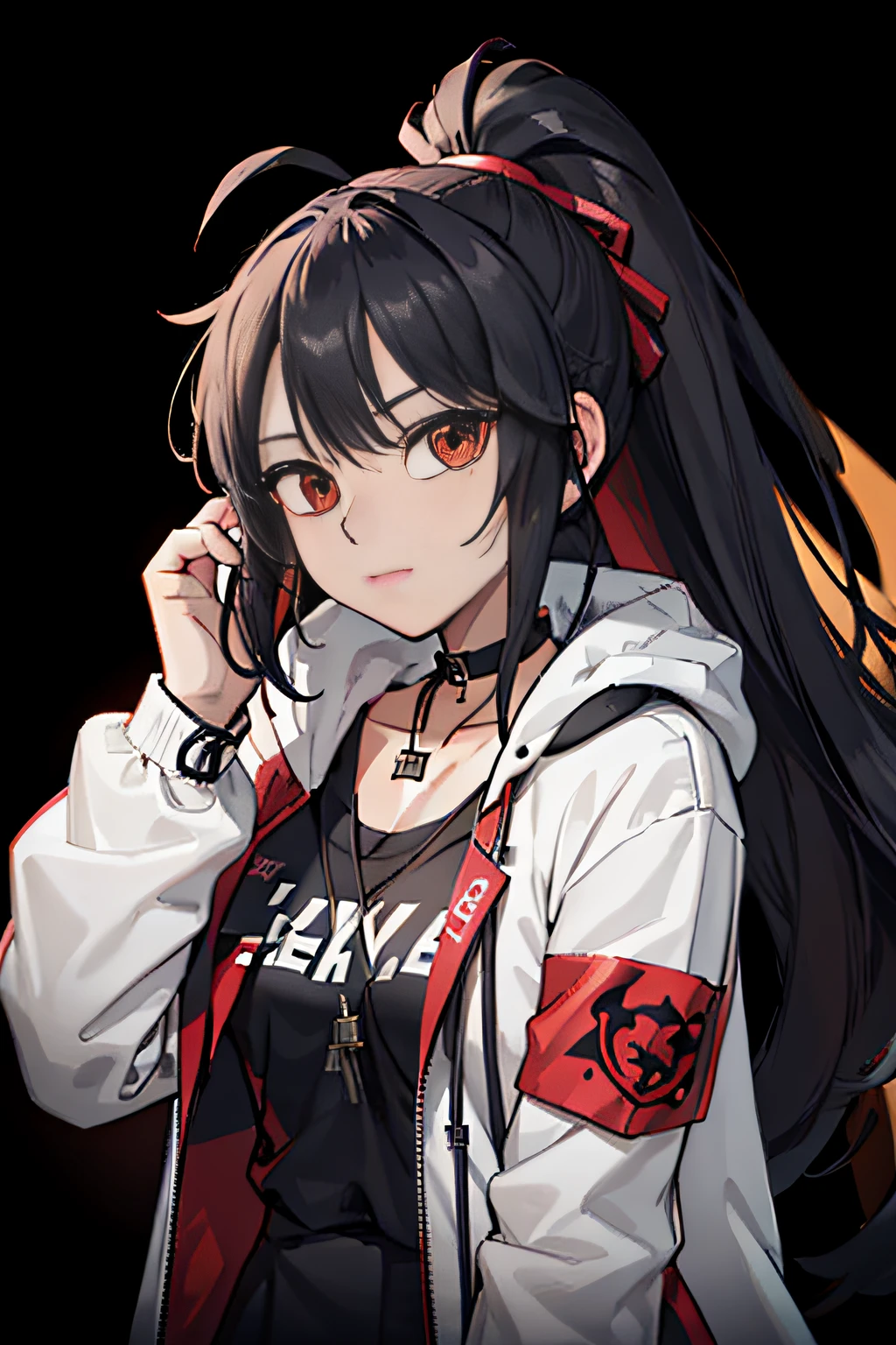 blacksilk,Long hair, Black hair, Messy hair, red highlights,choker necklace,High ponytail,Earphone,F cover,cropped shoulders,wind coat,backpacks,arm guards,huge tit,Headsets,balmy,Side breasts,dishiveredhair,arm guards,arm belt,obi strip,belt,Pocket,Call the device,Cross necklace,head gear,Black gloves,big headphone,Strap headphones,Strap,Pocket,Headbands,Issuing,athletic sneakers