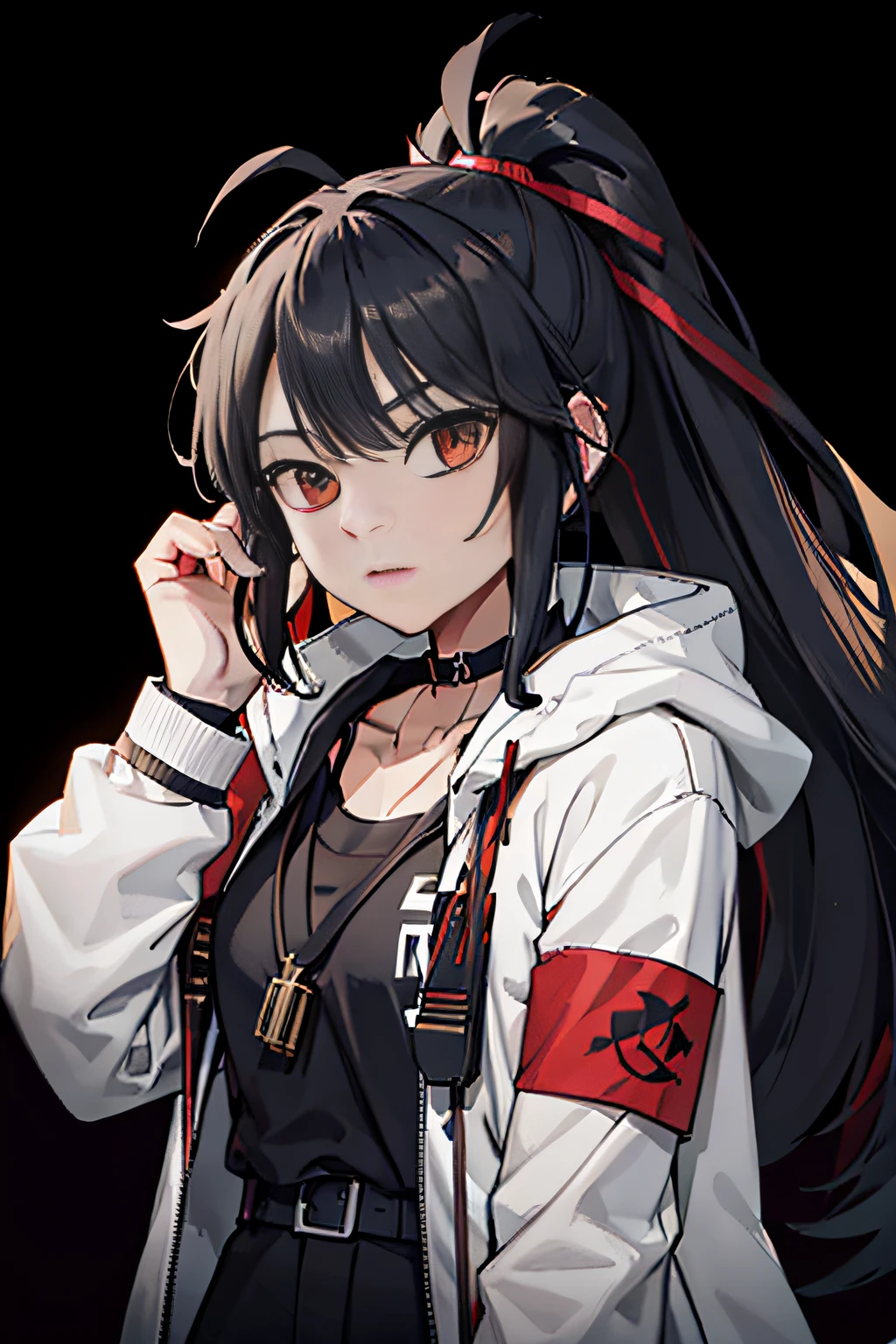 blacksilk,Long hair, Black hair, Messy hair, red highlights,choker necklace，High ponytail，Earphone，F cover,cropped shoulders，wind coat，backpacks，arm guards，huge tit，Headsets，balmy，Side breasts，dishiveredhair，arm guards，arm belt，obi strip，belt，Pocket，Call the device，Cross necklace，head gear，Black gloves，big headphone，Strap headphones，Strap，Pocket，Headbands，Issuing，athletic sneakers