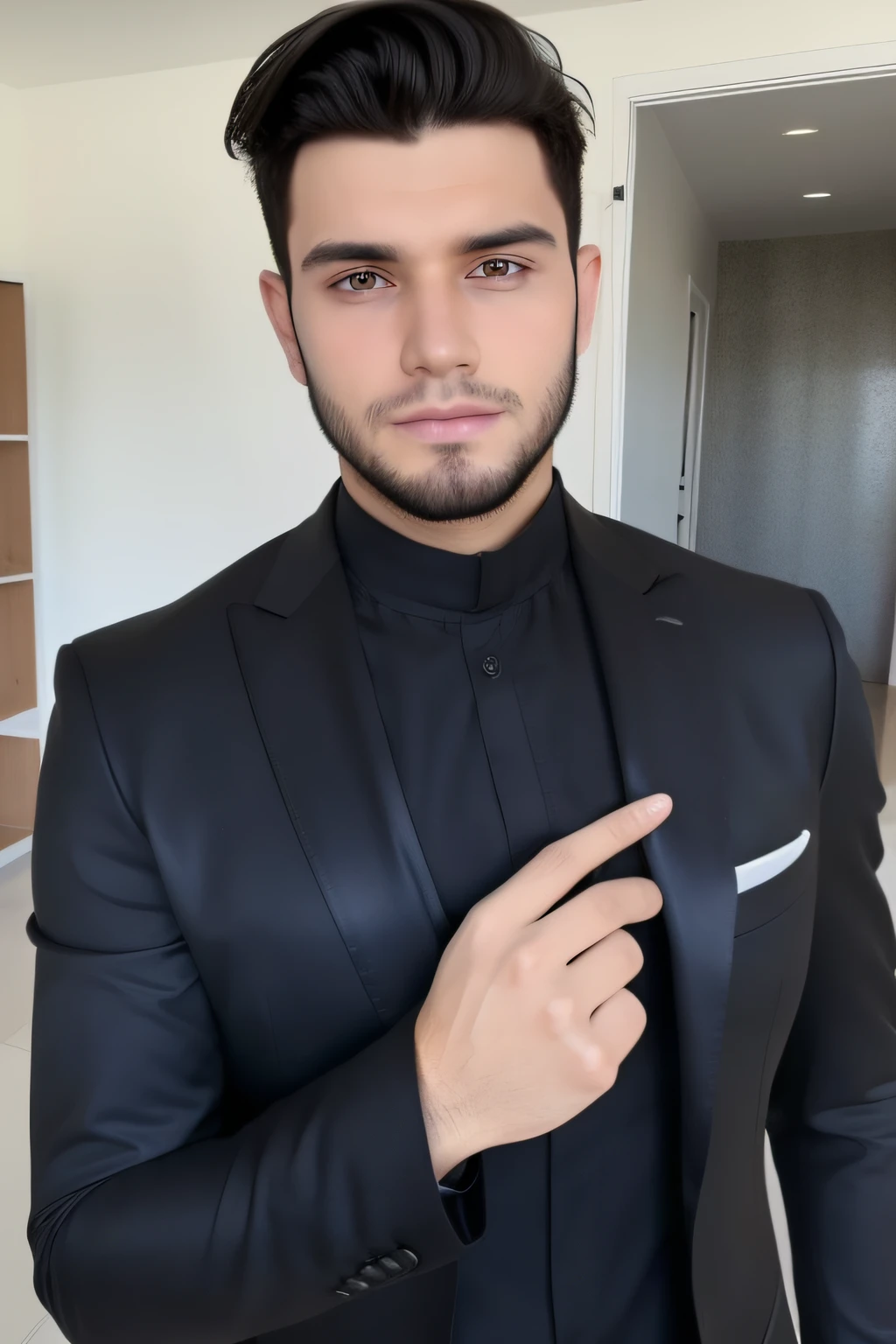 foto de perfil profissional de um homem jovem, rosto confiante, usando um blazer preto. He demonstrates professionalism and trust