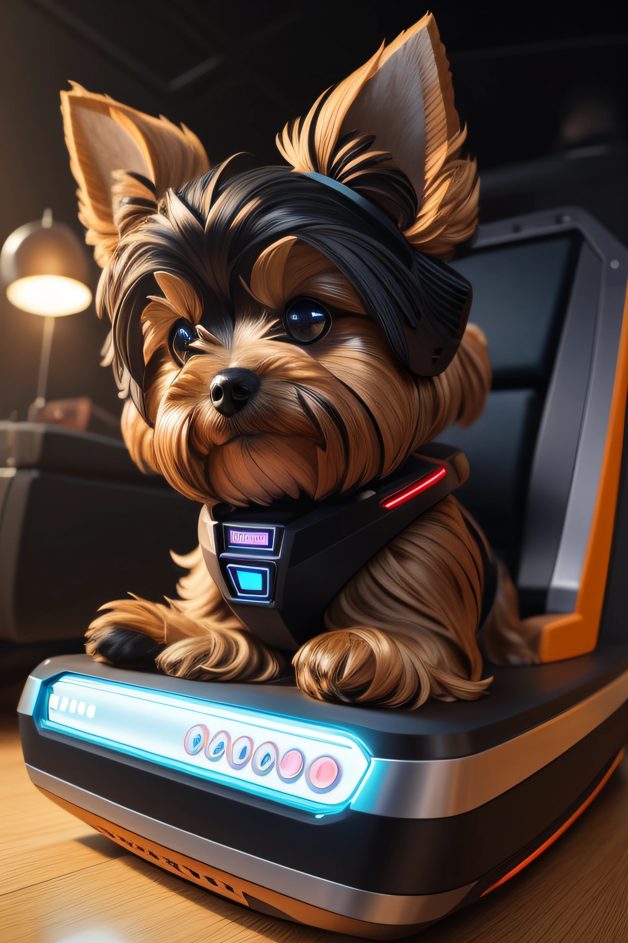 imagine um yorkshire terrier com uma rouba robotica e futuristica falando com alguem no telefone