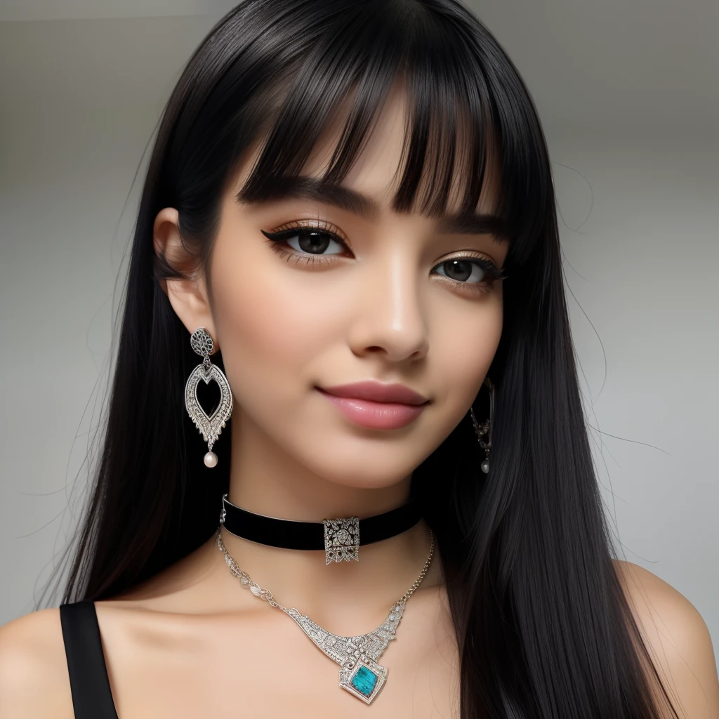 masterpiece,best quality,ultra-detailed,8K,detailed light,detailed shadow,RAW, (detailed skin),(realistic:1.2),
1girl,face,
pilyeon, black nails, jewelry, Long hair, looking at viewer, choker, necklace,piercing, white background, heart, closed mouth, grey eyes, nail polish, simple background, black hair, ear piercing, black choker, smile, eyelashes, lips, hand on own cheek, bangs, bracelet, beads, gem, earrings, fingernails