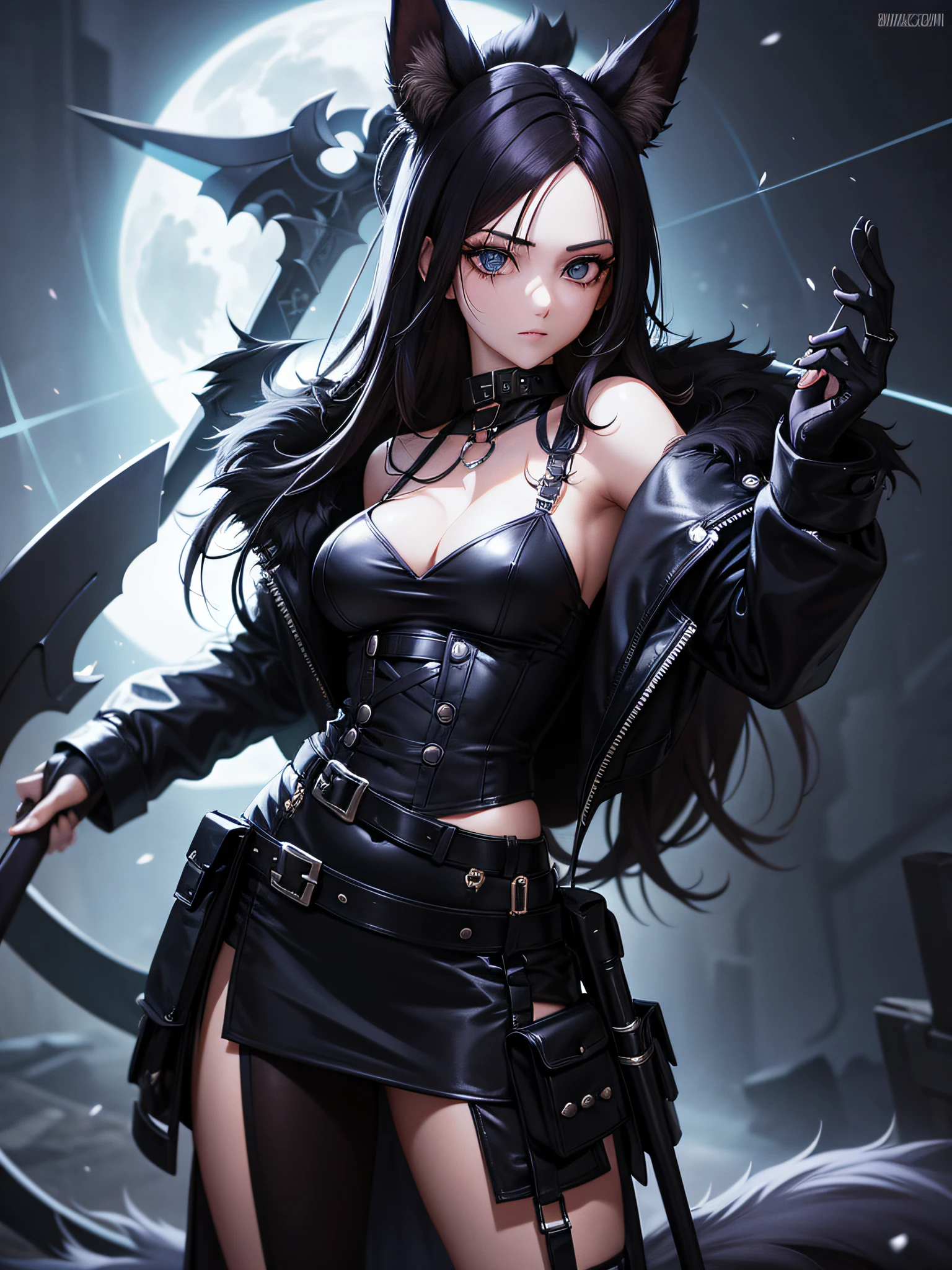 roupa sensual, branca, mulher, cabelo curto, fundo cyberpunk, olhos heterocromia, scythe in hand, furry, raposa