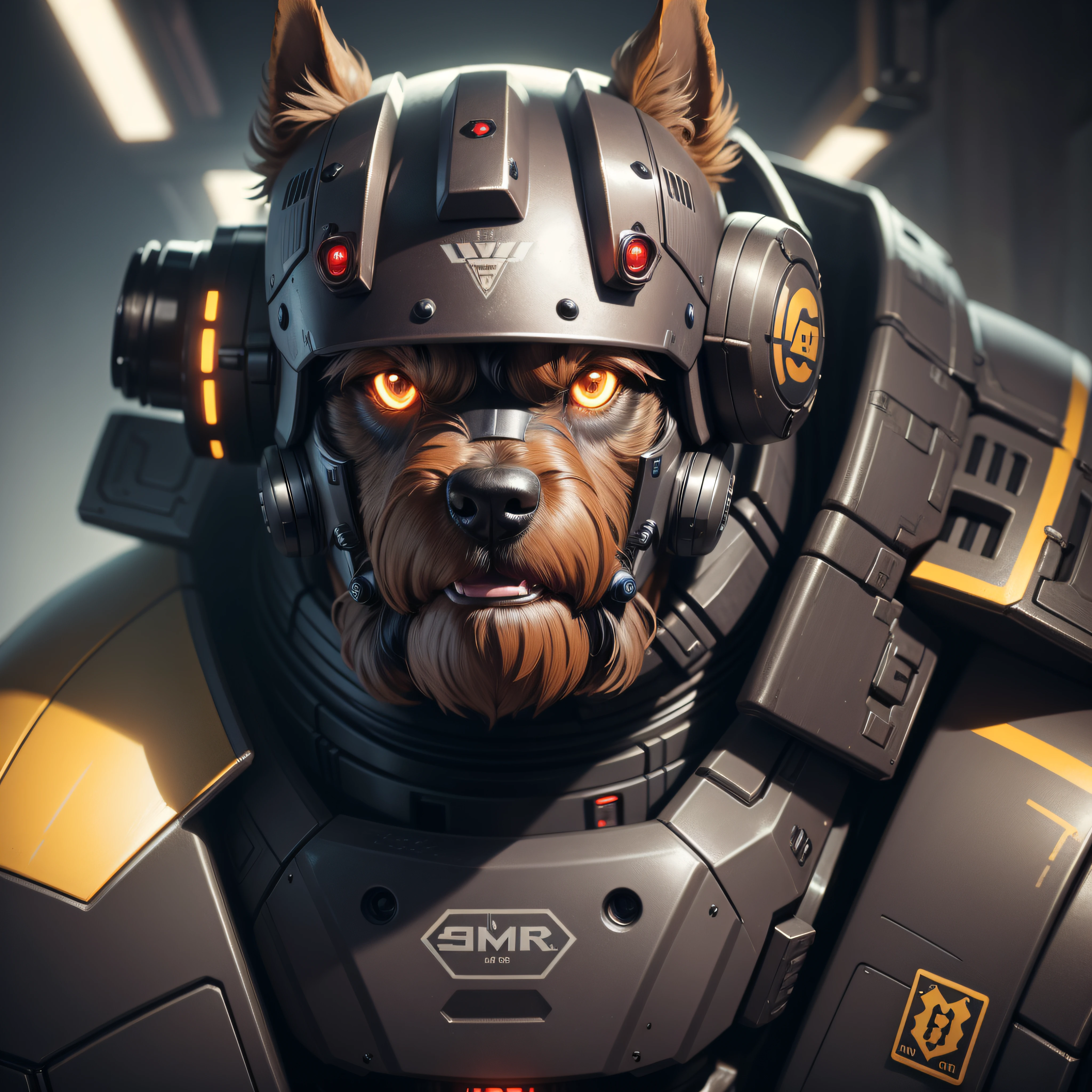 A Yorkshire Terrier (robot) dog as the doomslayer, realistic scifi cyberpunk power armor robot, closeup portrait