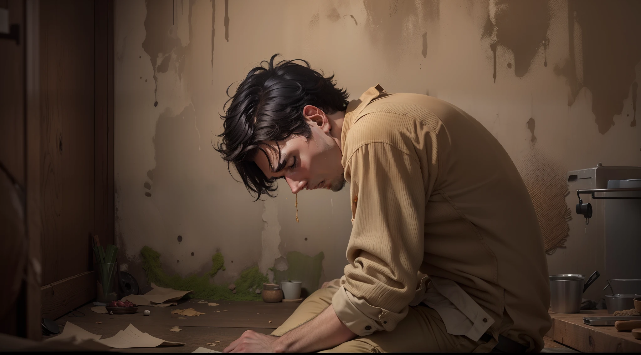 Ultra-realistic 8k image of a slim 25-year-old man with short black hair, dressed in a beige button-up shirt and beige pants, vomiting in a rustic, dark room with faded walls, night