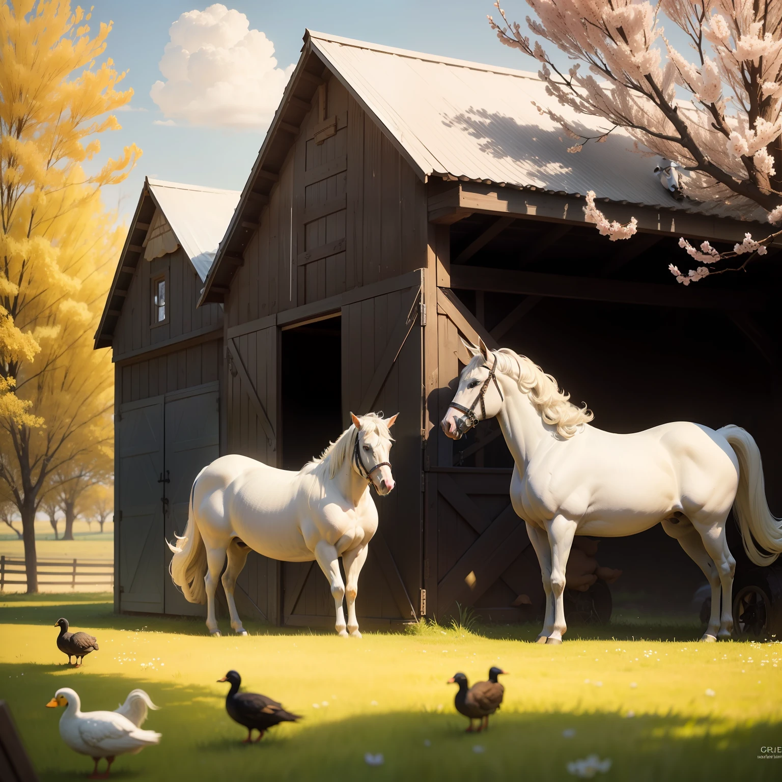On a farm, a white horse, a black coe, a yellow duck, a sheep are close talking, spring season