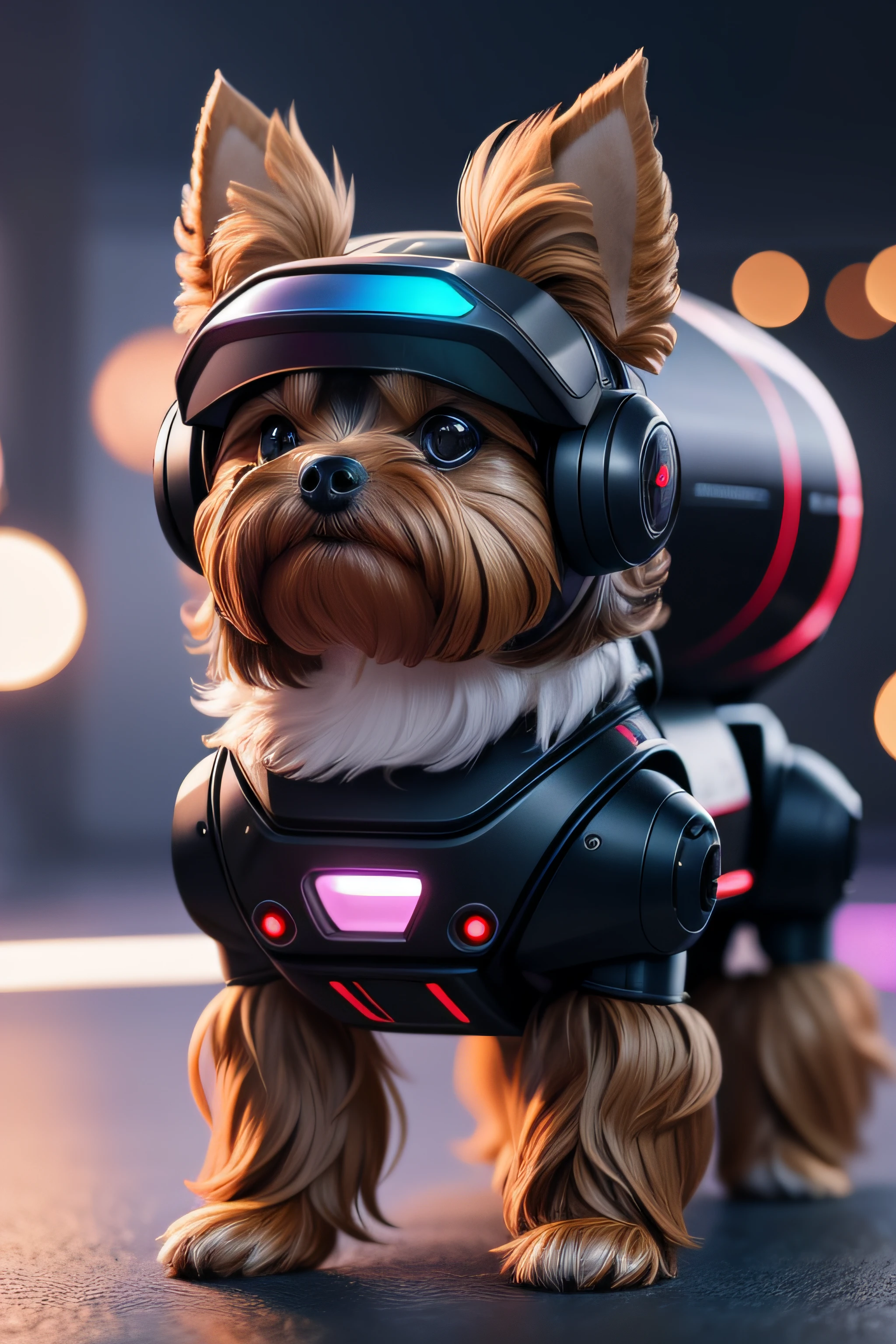 imagine um yorkshire terrier com uma rouba robotica e futuristica falando com alguem no telefone