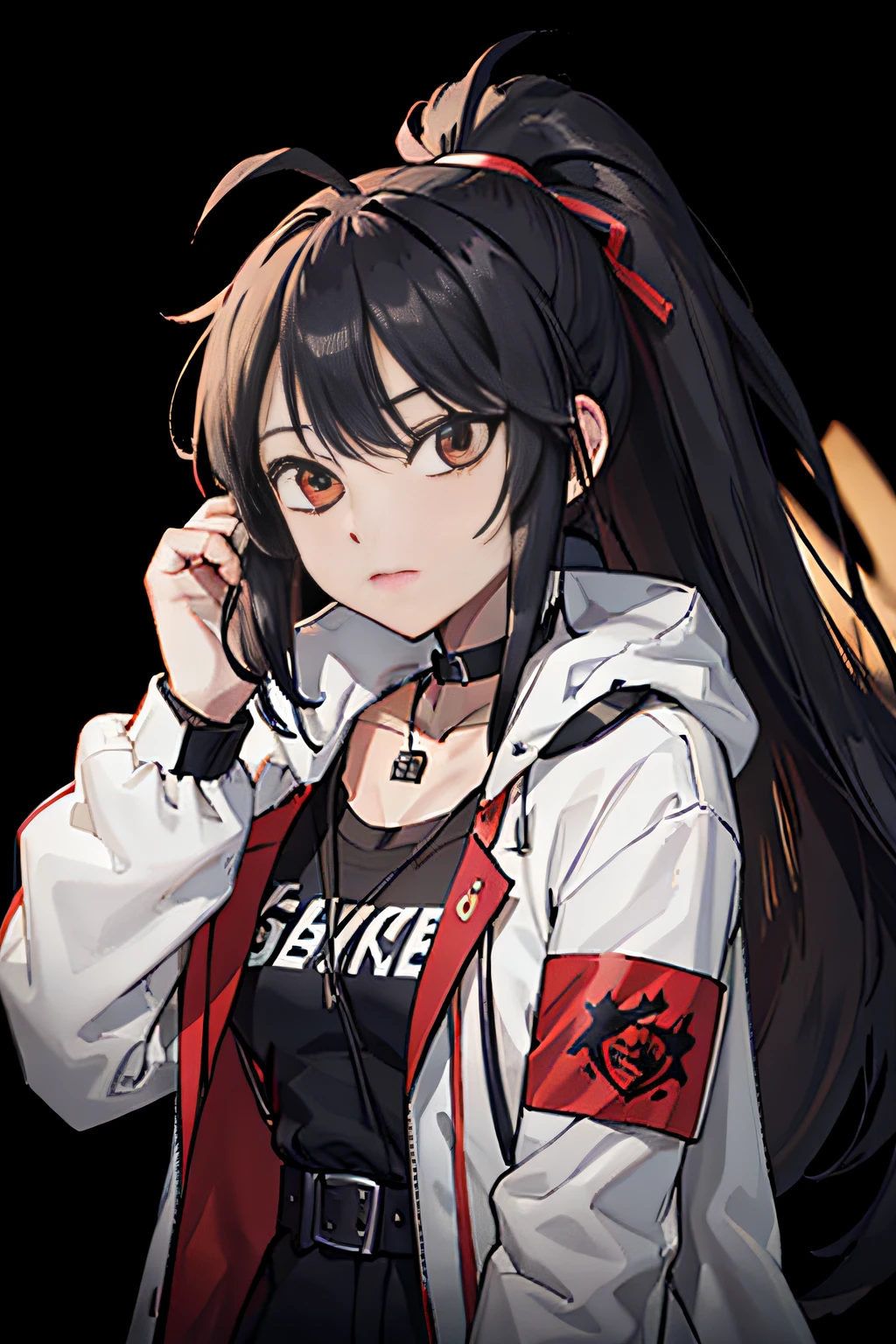 blacksilk,Long hair, Black hair, Messy hair, red highlights,choker necklace,High ponytail,Earphone,F cover,cropped shoulders,wind coat,backpacks,arm guards,huge tit,Headsets,balmy,Side breasts,dishiveredhair,arm guards,arm belt,obi strip,belt,Pocket,Call the device,Cross necklace,head gear,Black gloves,big headphone,Strap headphones,Strap,Pocket,Headbands,Issuing,athletic sneakers