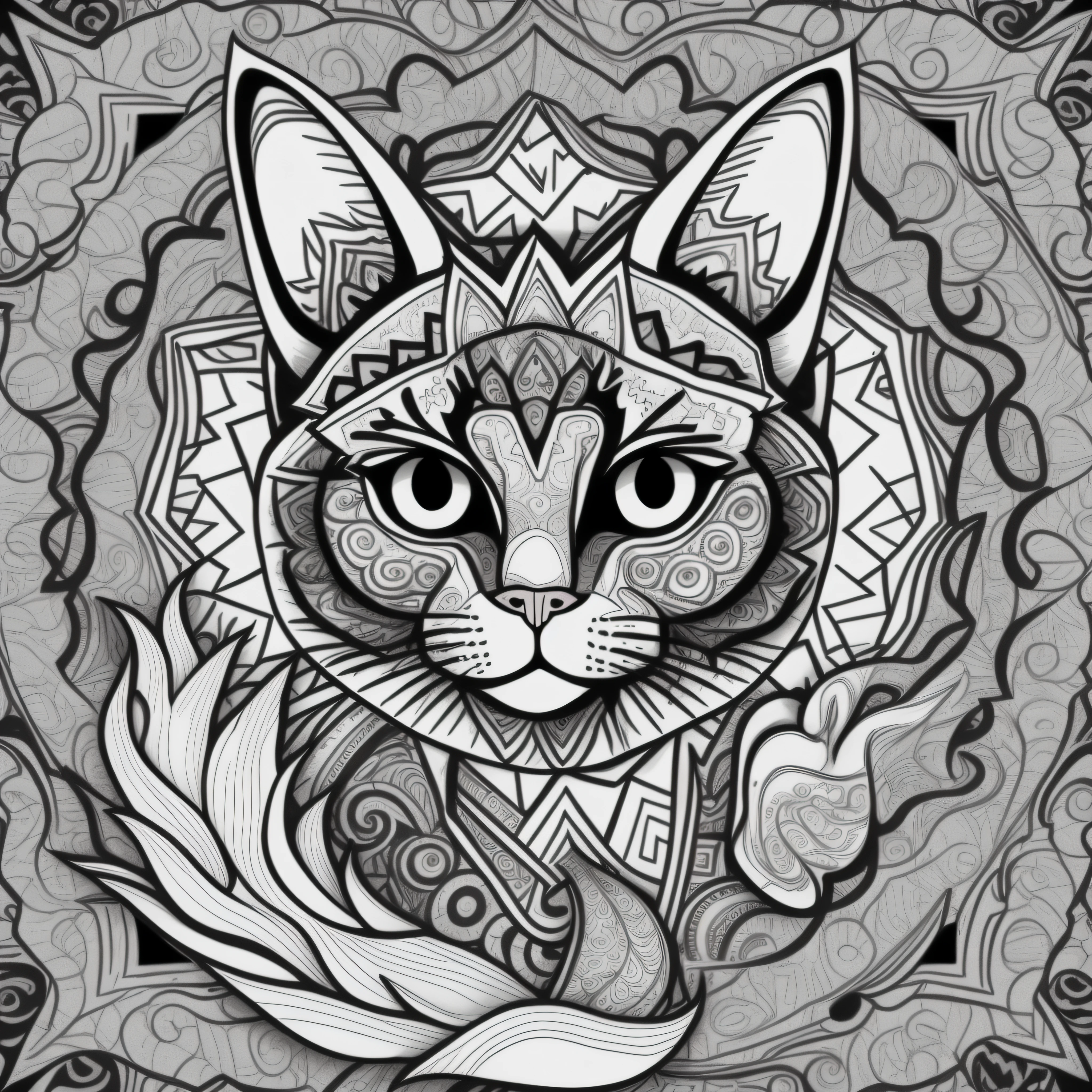 Create a black and white illustration with wavy lines and a look similar to a children's coloring book page. o desenho deve conter um gato envolvido em mandalas, Make sure there is no noise and that the lines are thick and sharp like contour art, imagem ultra detalhada e sem falhas. Change the aspect ratio to width 816 and height 1056 with focus on a vertical frame of the image.