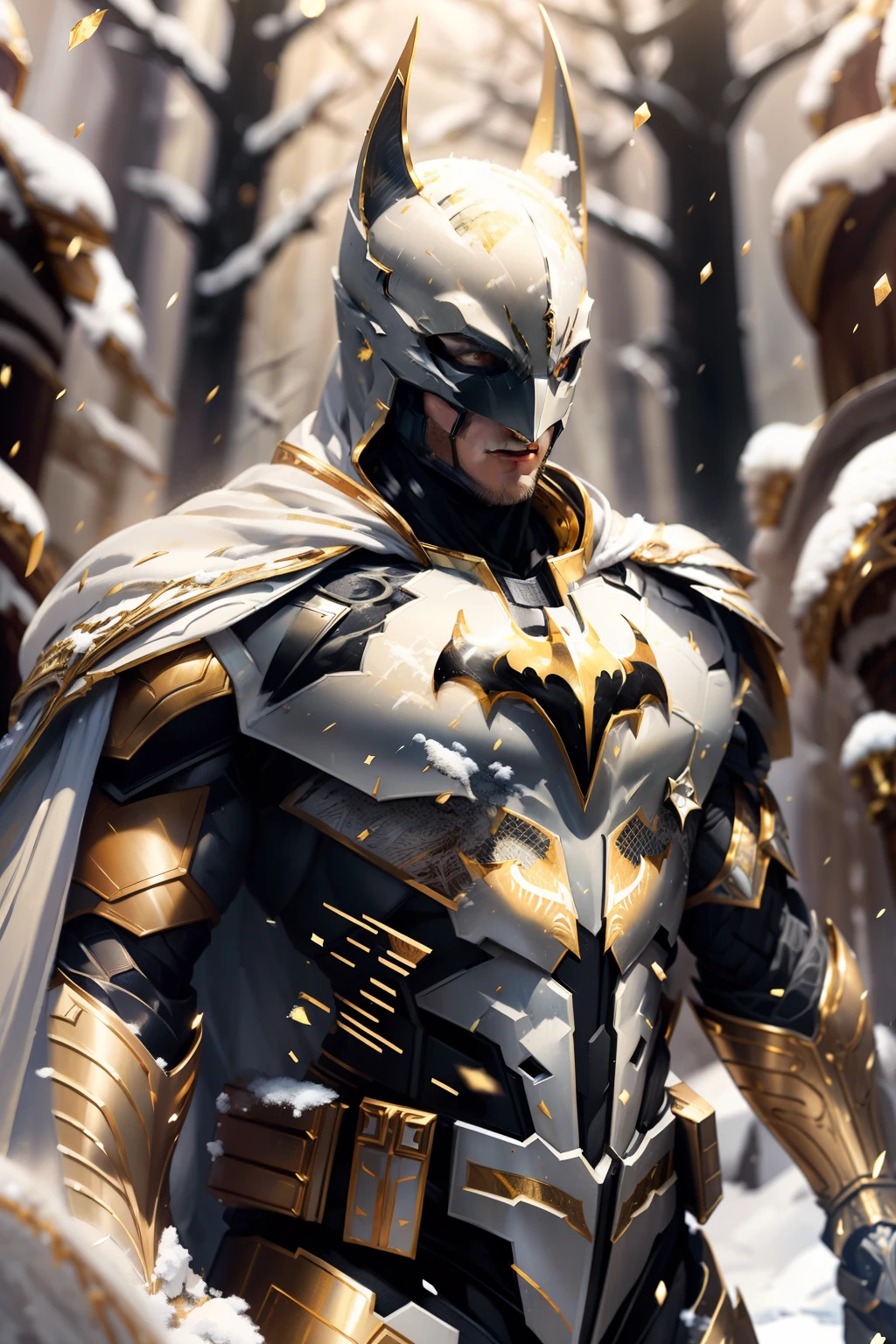 Batman full body on a white, gold and red armor suit, on a white snow forest, snow falling over the armor, the sin shines over the armor suit, hyper realistic, photorealistic, intricate fabric details, needlepoint vining elements, photo realism, 24k resolution, hyper detail art style on Leonardo Da Vinci an award winning photo