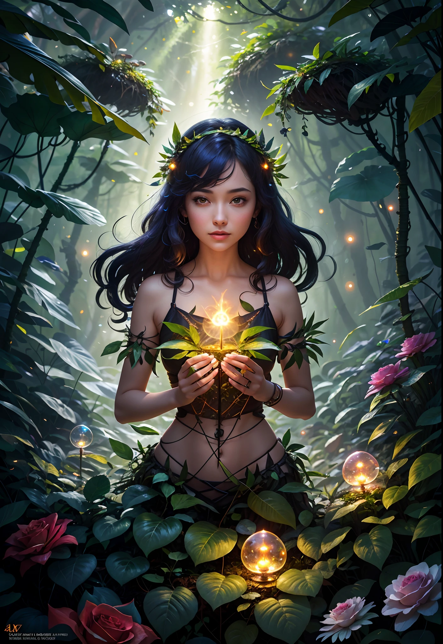 Fantasy in a glass, "Ethereal roses, cute animal, Bright small mushrooms are surrounded by delicate leaves and branches, as well as fireflies and glowing particle effects", (nature elements), (jungle theme), (fronds), (Ramos), (glowworm), butterflys, (delicate leaves), (shine), (particle fx), Super realistic, ultra-detailliert, Dramatic lightning, 4K, Master parts,