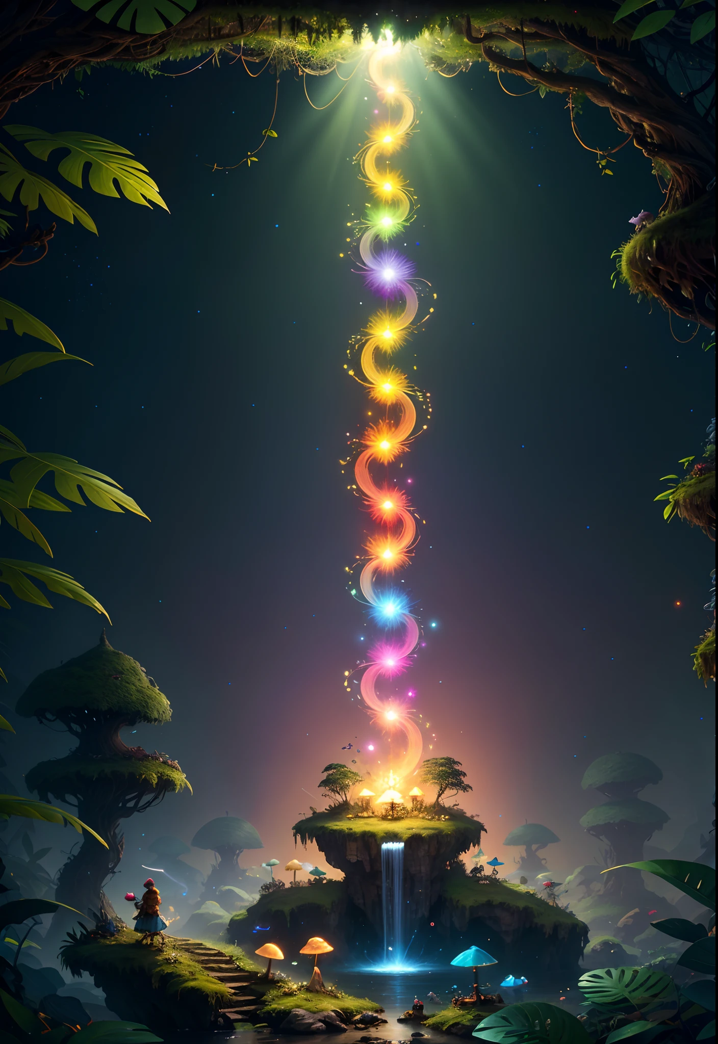 Fantasy in a glass, "Ethereal roses, cute animal, Bright small mushrooms are surrounded by delicate leaves and branches, as well as fireflies and glowing particle effects", (nature elements), (jungle theme), (fronds), (Ramos), (glowworm), butterflys, (delicate leaves), (shine), (particle fx), Super realistic, ultra-detailliert, Dramatic lightning, 4K, Master parts,