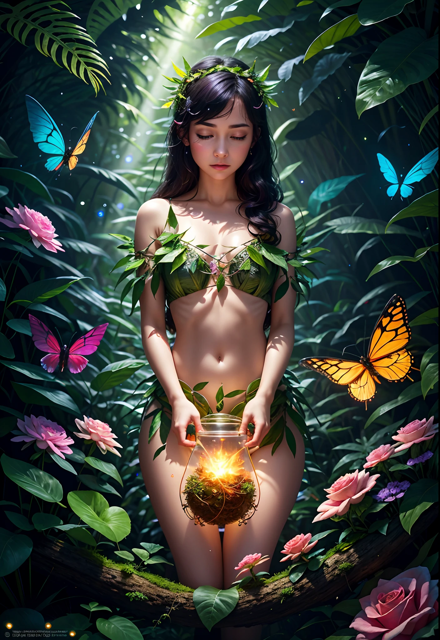 Fantasy in a glass, "Ethereal roses, cute animal, Bright small mushrooms are surrounded by delicate leaves and branches, as well as fireflies and glowing particle effects", (nature elements), (jungle theme), (fronds), (Ramos), (glowworm), butterflys, (delicate leaves), (shine), (particle fx), Super realistic, ultra-detailliert, Dramatic lightning, 4K, Master parts,