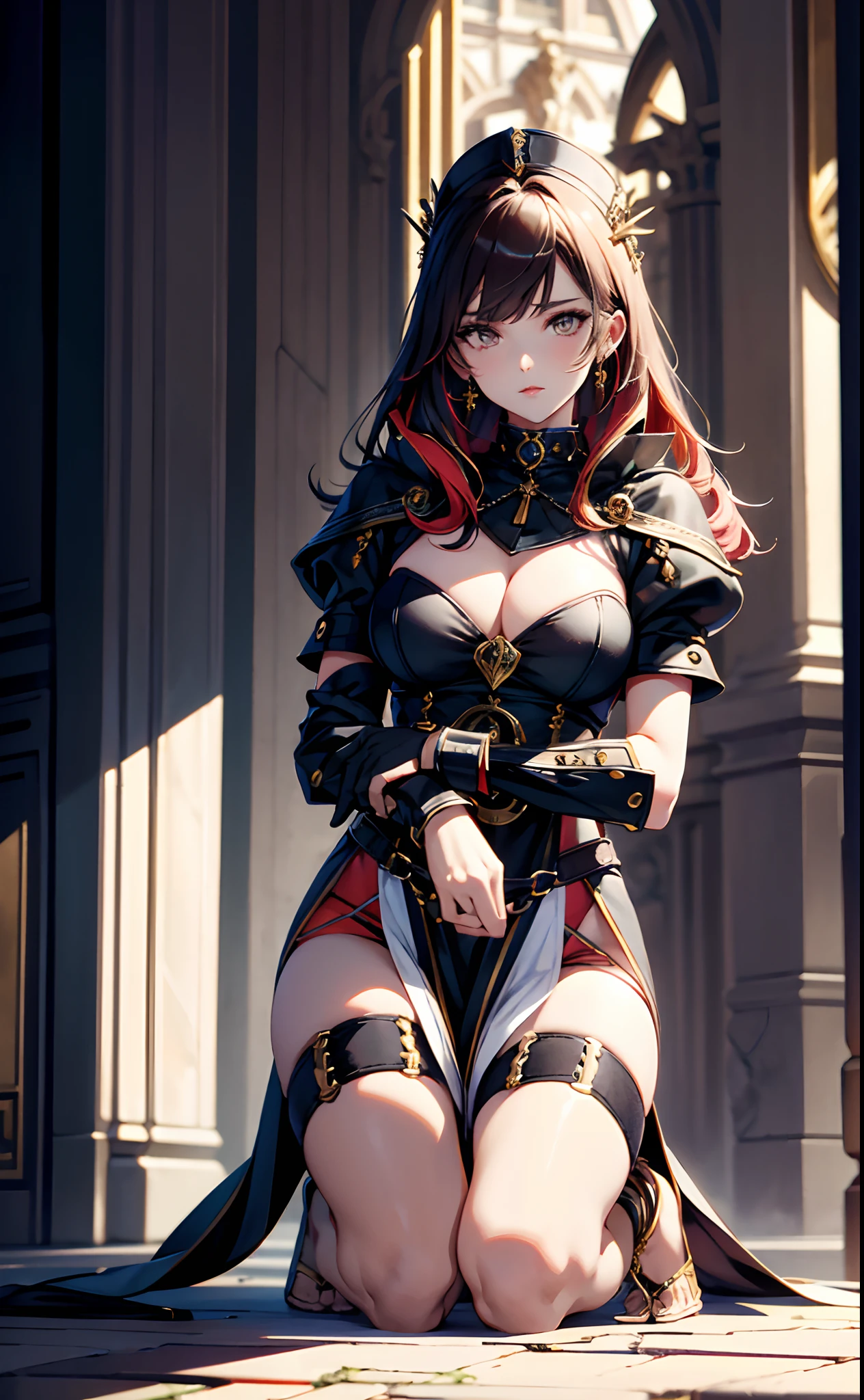 best qualityer,tmasterpiece,Ultimate resolution,downy,Extremely colorful,mature pretty woman,(guillotine,behead)(Kneeling pose)(Point at you with your ass),solo person,Upper body nudity,Beauty severed head,Normal posture,Redlip,shackle,guillotine,behead,Collar,handcuff,Anklets,Normal posture