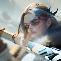 The image of a savage and fierce Viking female warrior, His face was painted with war paint, Embody the spirit of Berserker. She wore fur-lined clothes, Wielding a huge tomahawk, In the middle of a battlefield full of fallen enemies, Show his unstoppable anger and courage.