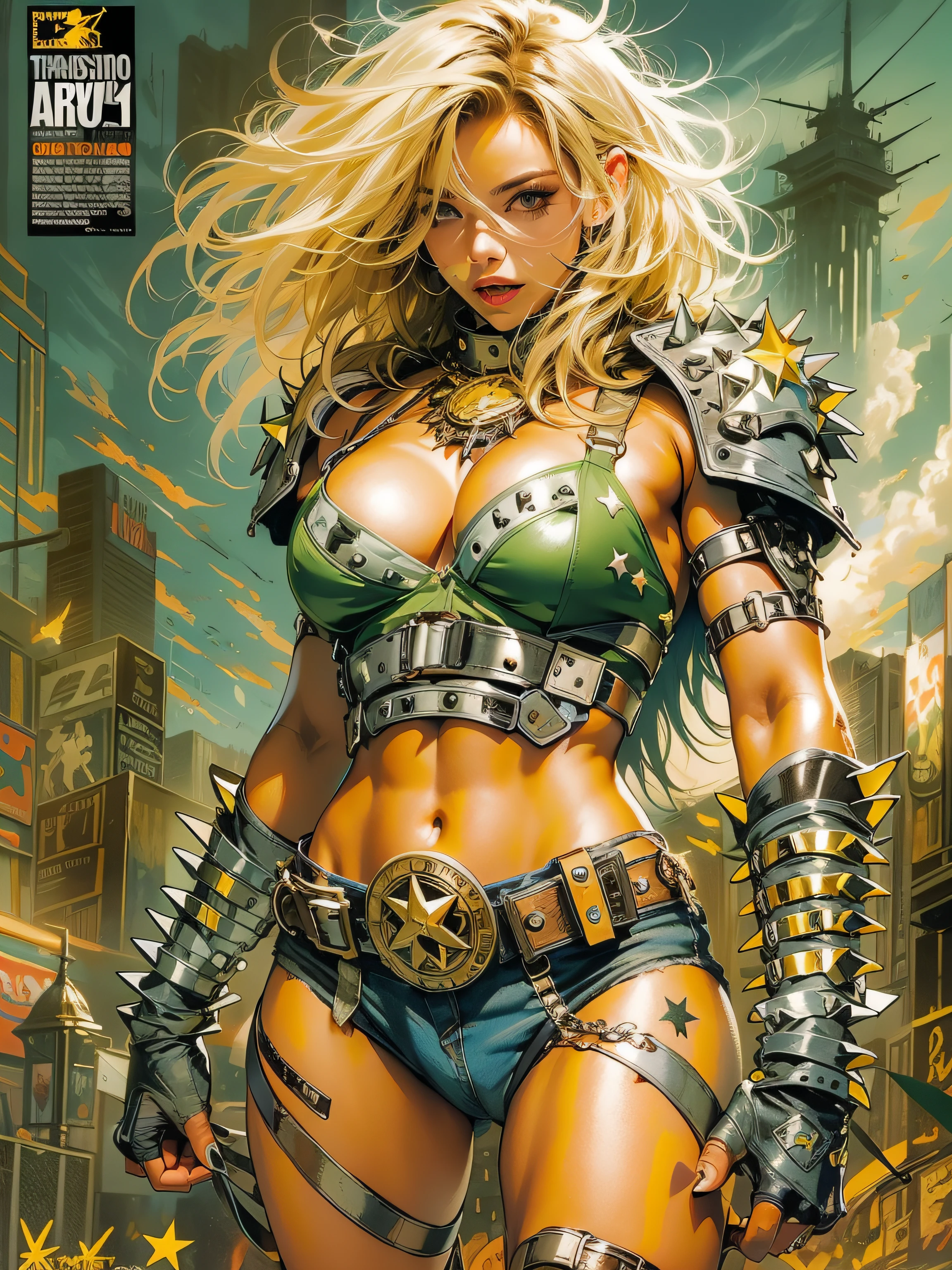 (((female))), (((best quality))), (((masterpiece))), (((adult))), A 35 year old female warrior with perfect body, Brooklyn Gladiators, (( under boobs )), in Simon Bisley's wild urban style for Heavy Metal magazine cover, blonde hair, Minimum clothing, Dark green with yellow stars and blue and white checkerboard pattern, armor, full of spikes and rivets, tattoo tribal, (((from the knee up))), messy hair