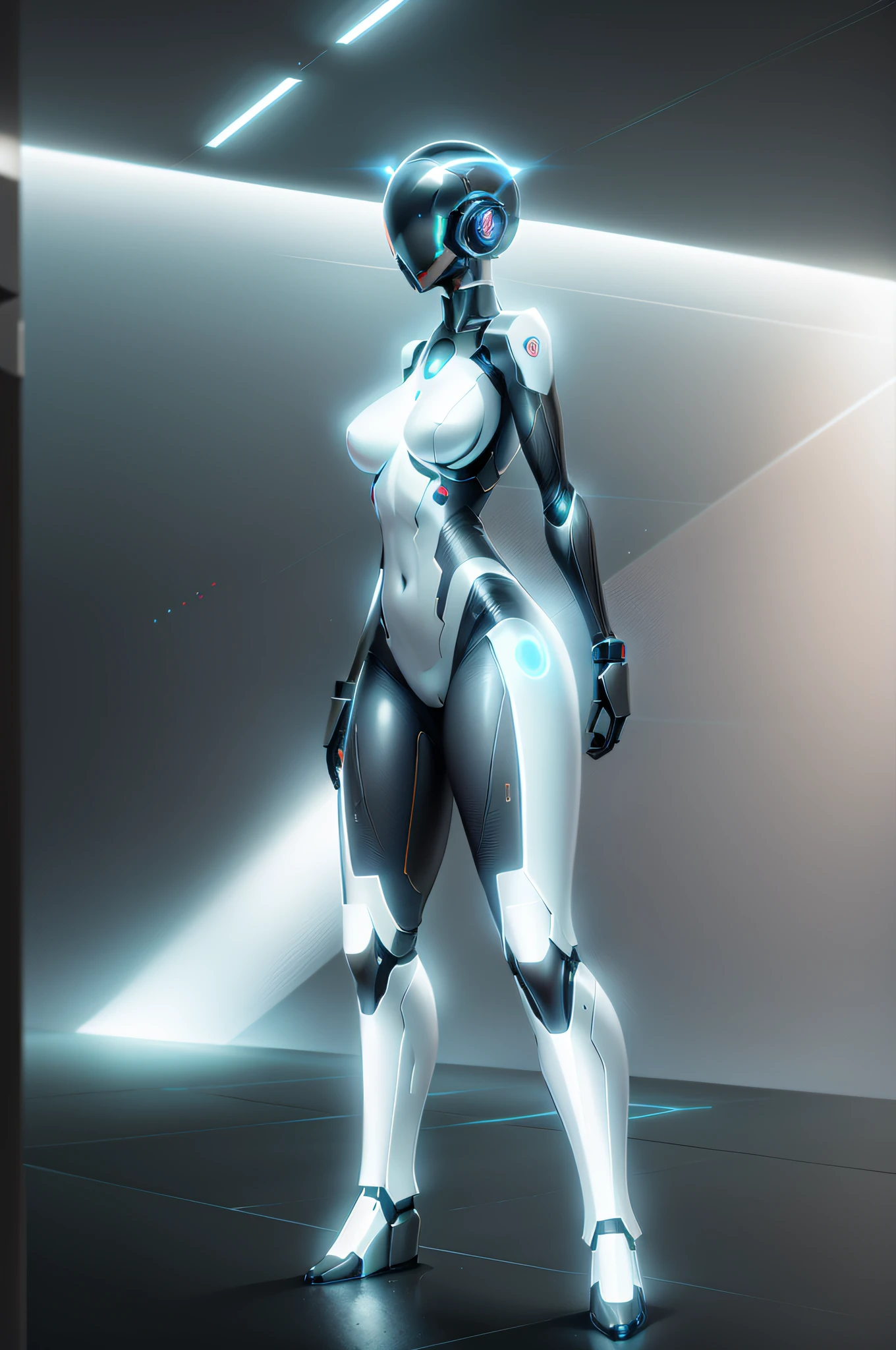 nffsw, Digital SLR, High quality, Realistic, photographrealistic, Dramatic, Ultra-realistic android without eyes, without nose, No mouth, and smooth, futuristic design, With a feminine figure, medium breasts, made of metal, Shining lines on its body, Smooth and futuristic, No eyes, without nose, No mouth, Sleek and beautiful, scifi, Future design, Dramatic Lighting, nffsw, Ray traching