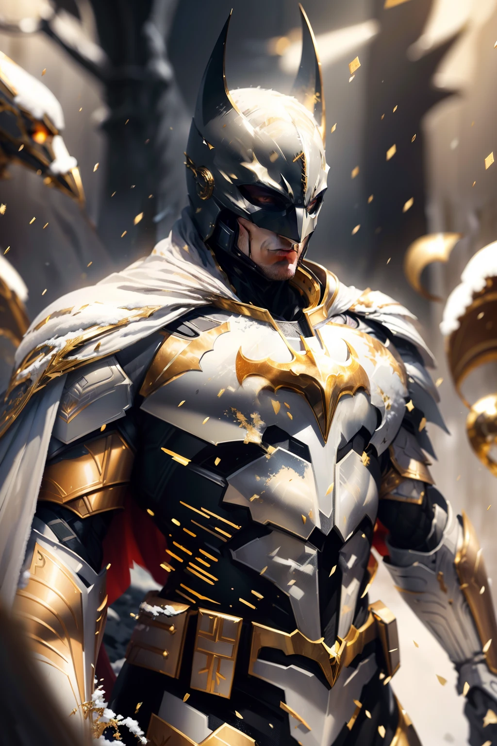 a realistic depiction of an advanced hellbat style armour in white and gold on batman
