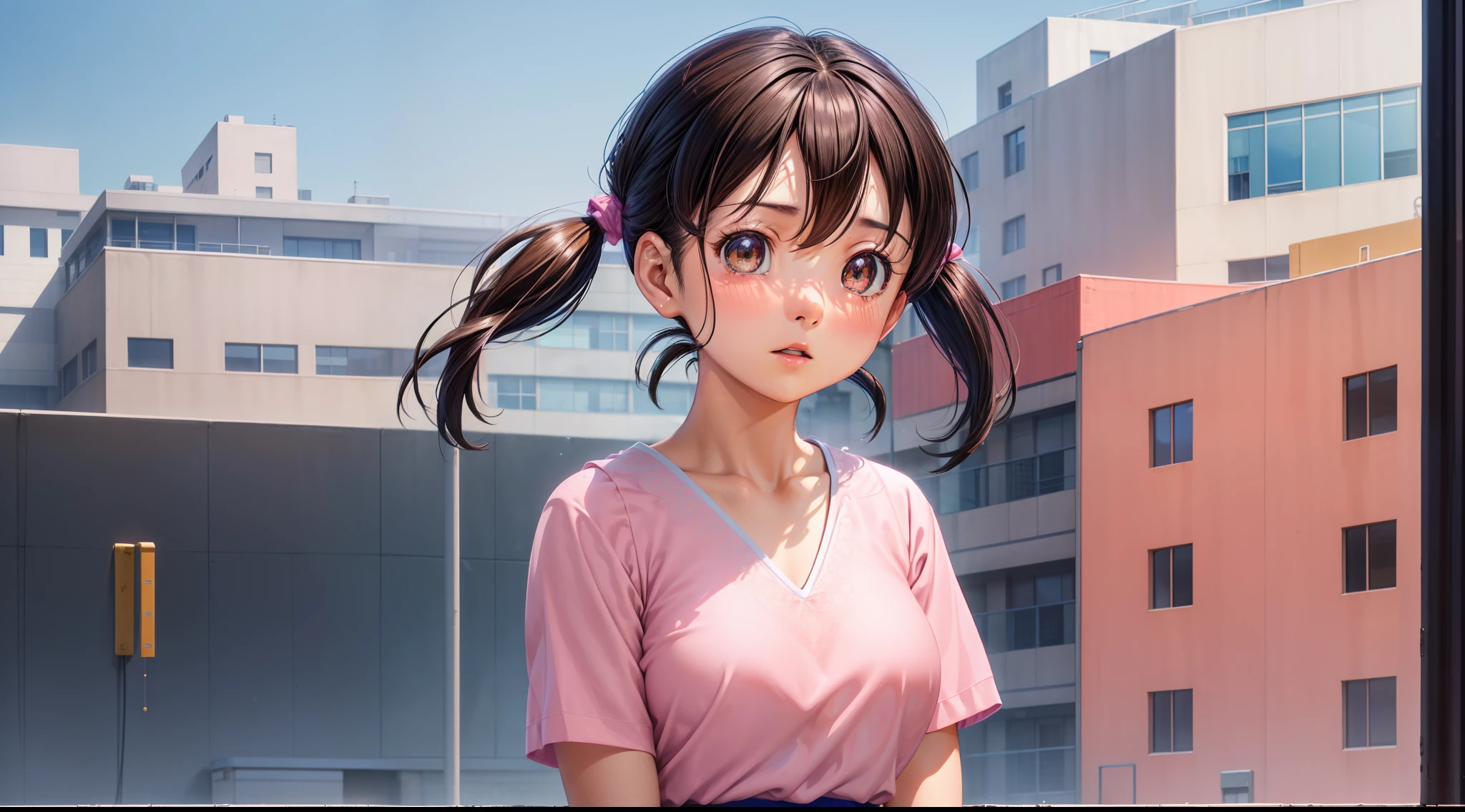 focused upper body, 1 girl, minamoto shizuka, pink shirt, blue skirt, sparkling brown eyes, twintail hair, school background, nice perfect face with soft skin, intricate detail, 8k resolution, masterpiece, 8k resolution photorealistic masterpiece, professional photography, natural lighting