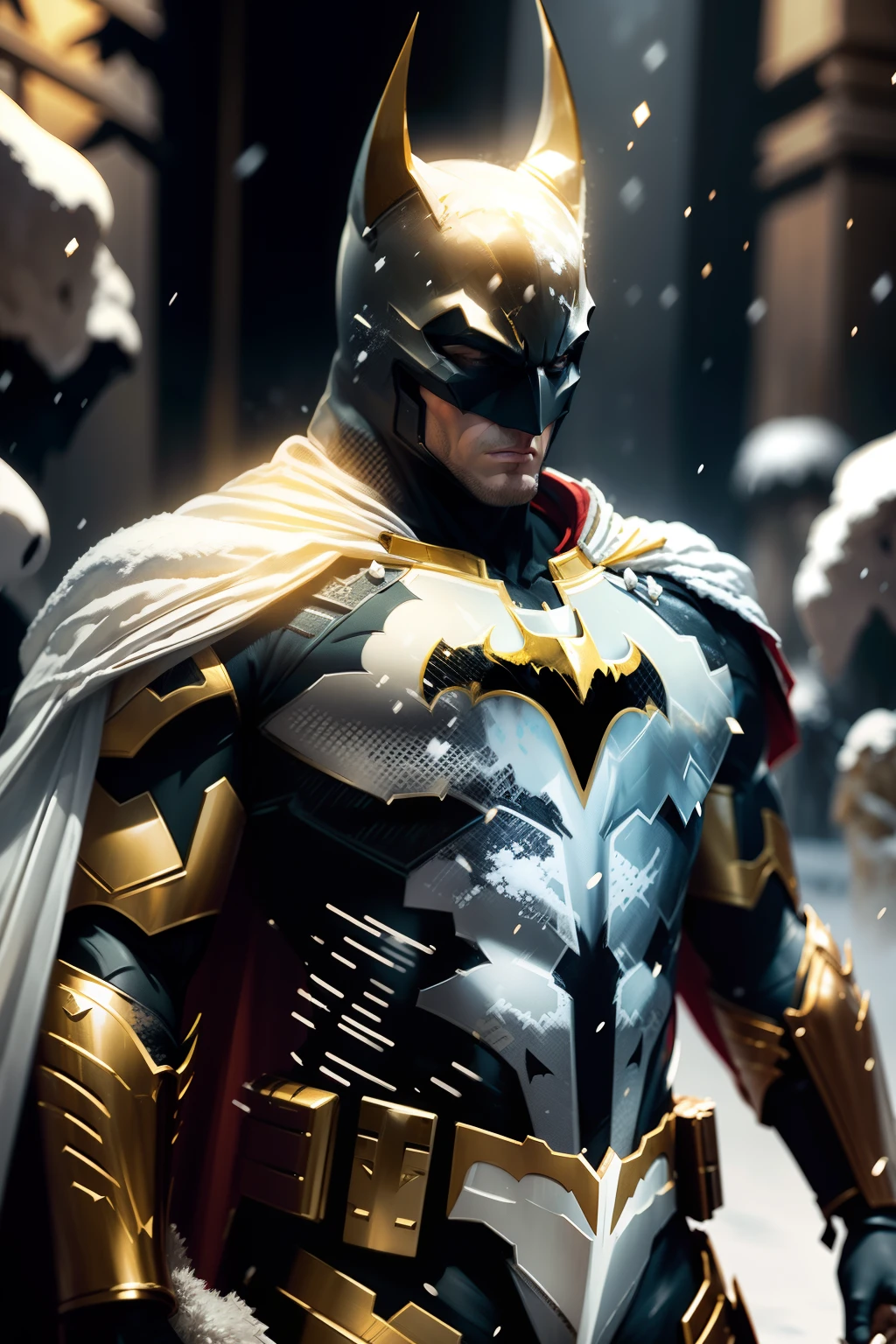 Batman full body on a white, gold and red armor suit, on a white snow forest, snow falling over the armor, the sin shines over the armor suit, hyper realistic, photorealistic, intricate fabric details, needlepoint vining elements, photo realism, 24k resolution, hyper detail art style on Leonardo Da Vinci an award winning photo