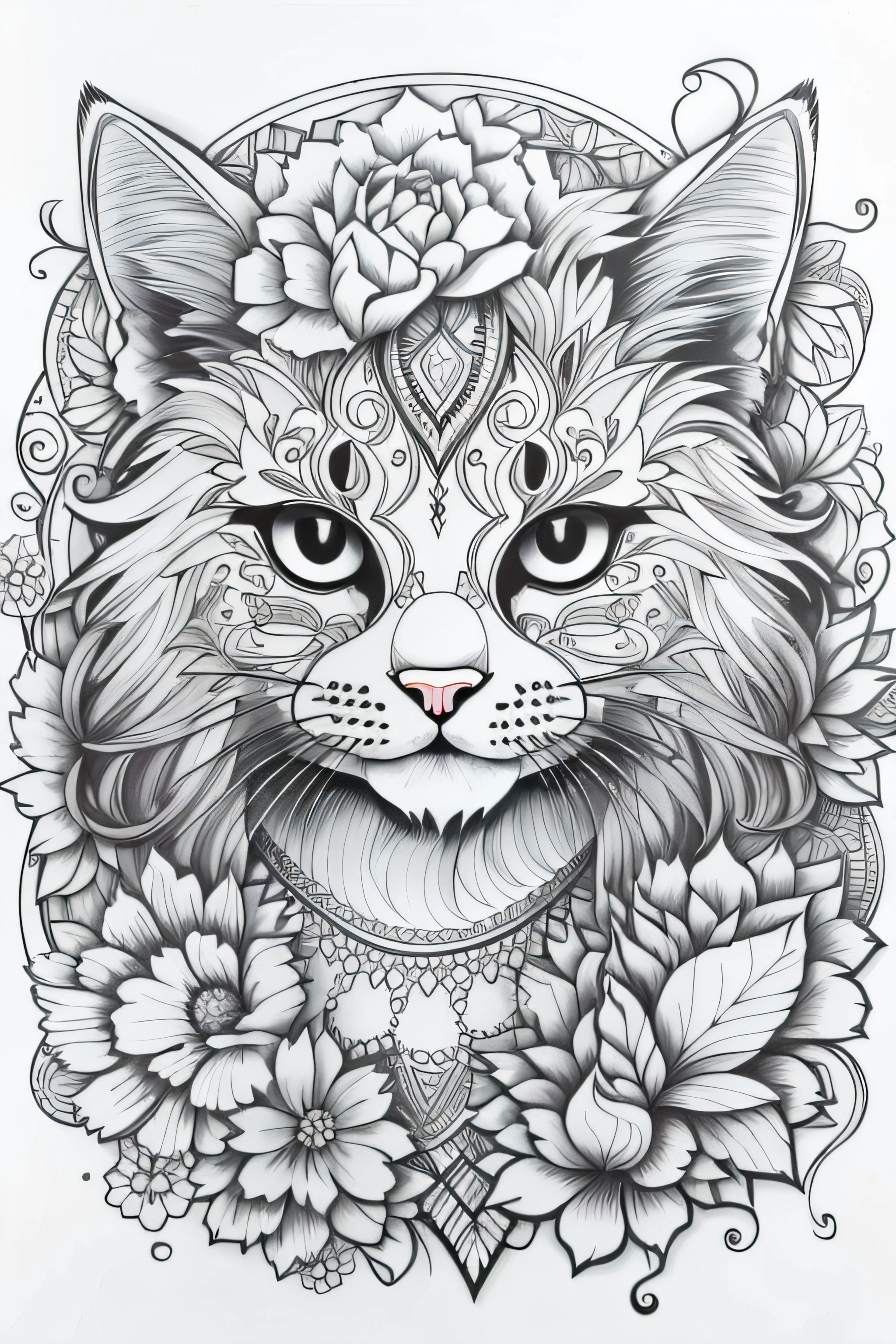 um desenho de um gato em ambiente com mandalas, gato detalhado, Desenho detalhado em 4K, design do gato, apenas nas cores preto e branco, arte da linha de tinta preta, Desenho detalhado de linhas a tinta limpa, tinta extremamente fina lineart, black and white coloring, black and white detailed sketch, arte de linha hiper detalhada, Arte da linha preta sobre branca, arte de linha detalhada. Create a black and white illustration with wavy lines and a look similar to a children's coloring book page. o desenho deve conter um gato envolvido em mandalas, Make sure there is no noise and that the lines are thick and sharp like contour art. Change the aspect ratio to 2:3 e foco em um quadro vertical da imagem