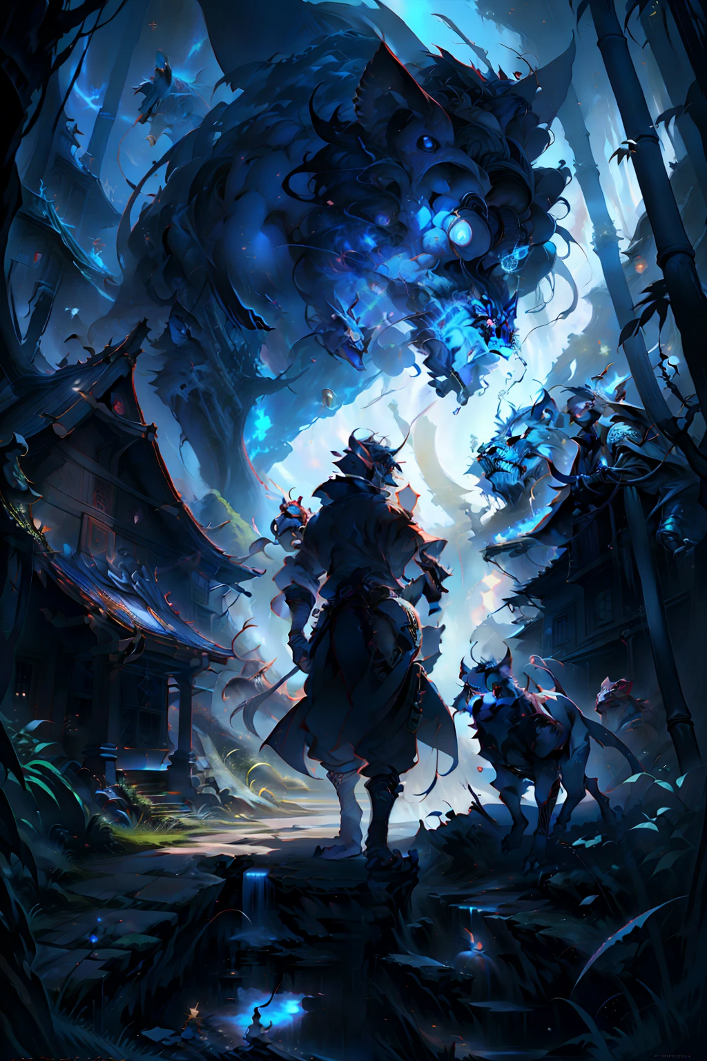 Brian Froud Style、an oil painting、Chiaroscuro、comic book style、1guy、Hybrid creature with lion body and head、Onmyoji、Seimei Abe、kariginu、White and red robe、Eboshi、hakama、fan、Ichii、bamboo、Yew tree、Crow's wings and tail、(300 g cold pressed /m² of cotton paper)、Dynamic、ighly detailed、art  stations、concept-art、smooth sharp focus、illustratio、Art by John William Waterhouse、More by Carl Larsson、Detailed brick building background、Yin Yang Liao、Big Dipper in the night sky、 60-30-10 Color Rules、Black bamboo forest background、A space full of cyber rays、Bamboo Cyber、Studio Lighting、PastelColors、Uncle Ike、Prestigious man、Atmosphere of Rasboss