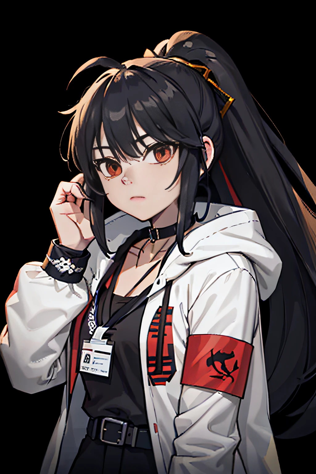 blacksilk,Long hair, Black hair, Messy hair, red highlights,choker necklace,High ponytail,Earphone,F cover,cropped shoulders,wind coat,backpacks,arm guards,huge tit,Headsets,balmy,Side breasts,dishiveredhair,arm guards,arm belt,obi strip,belt,Pocket,Call the device,Cross necklace,head gear,Black gloves,big headphone,Strap headphones,Strap,Pocket,Headbands,Issuing,athletic sneakers,Work badge