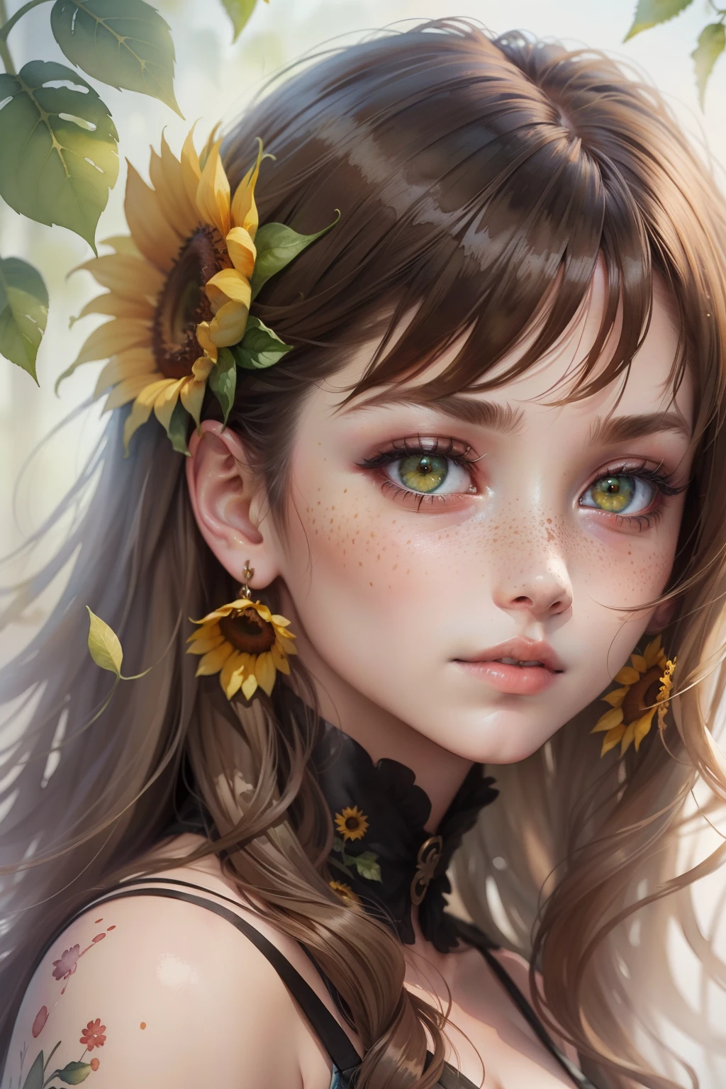 (watercolor:1.2),1girl, solo, flower, sunflower,freckles, portrait, leaf, bangs, signature, yellow flower, brown hair, long hair, green eyes, hair between eyes, flower earrings