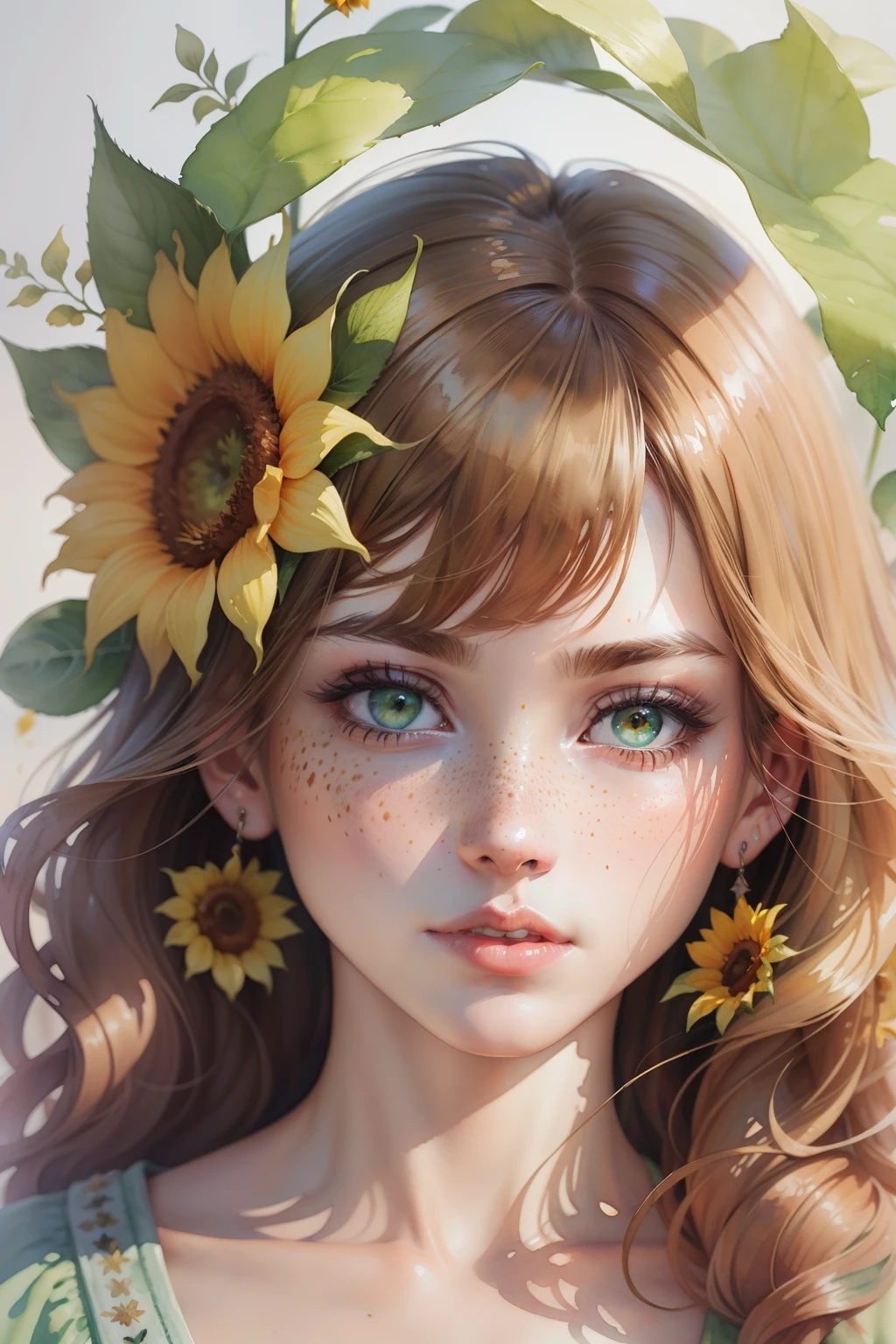 (watercolor:1.2),1girl, solo, flower, sunflower,freckles, portrait, leaf, bangs, signature, yellow flower, brown hair, long hair, green eyes, hair between eyes, flower earrings