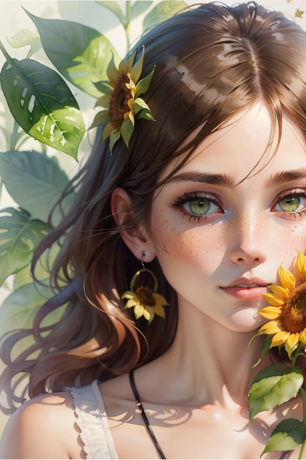 (watercolor:1.2),1girl, solo, flower, sunflower,freckles, portrait, leaf, bangs, signature, yellow flower, brown hair, long hair, green eyes, hair between eyes, flower earrings